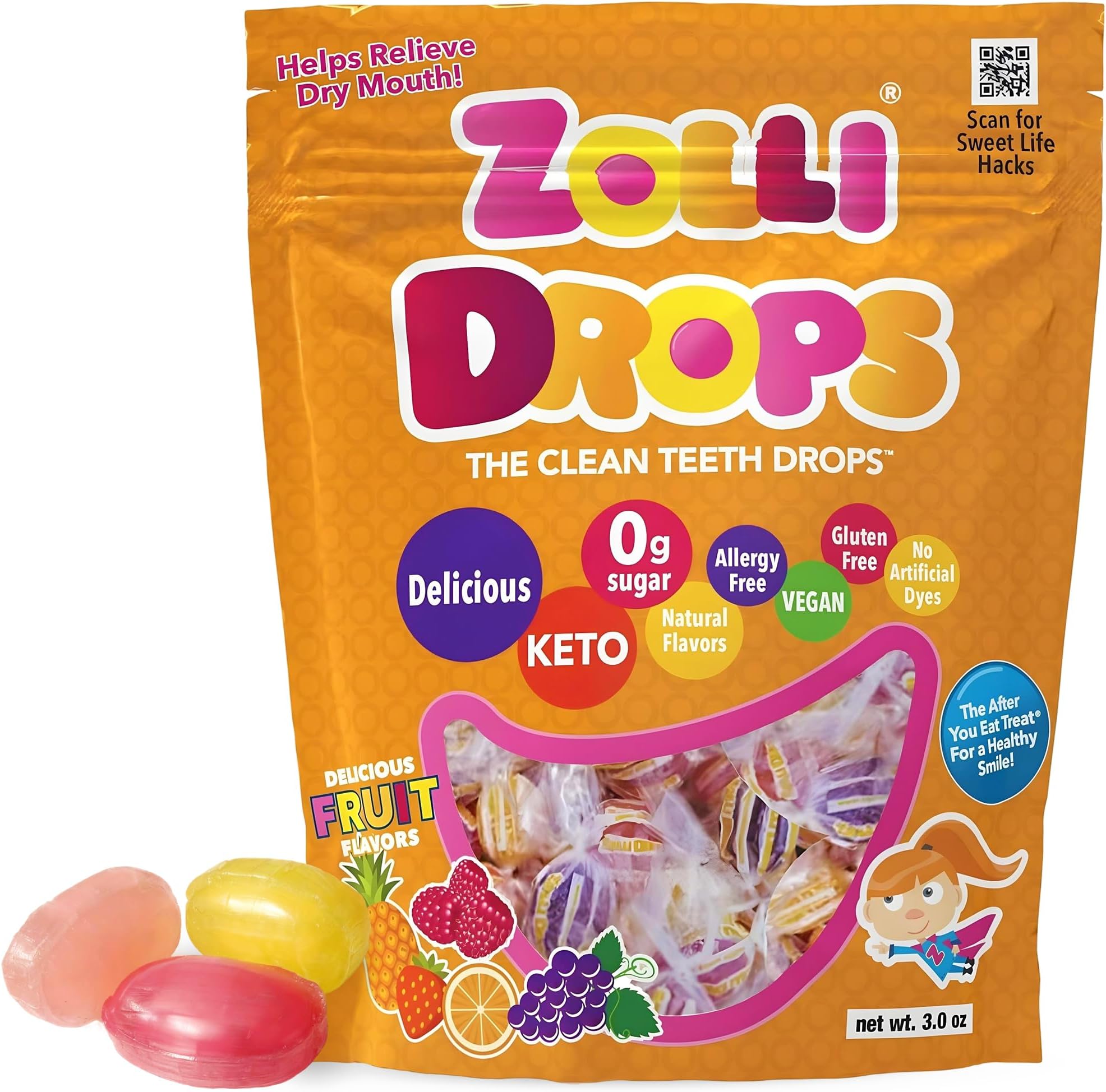 Zolli Drops Sugar Free Candy with Xylitol, Dye-Free Lollipops - Keto & Diabetic-Friendly, Dentist-Approved Treats for Kids (Natural Fruit Flavors, 3 oz)