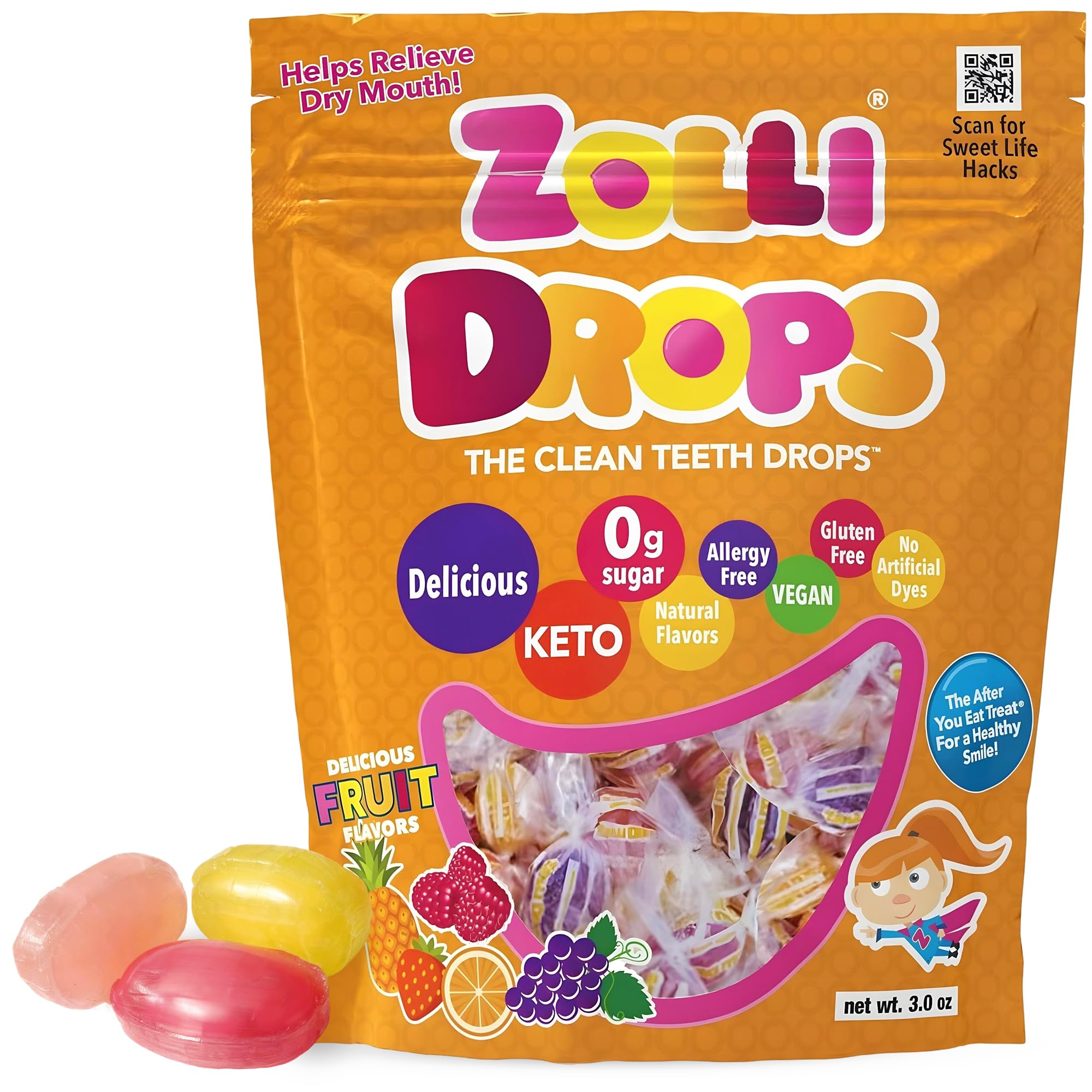 Zolli Drops Sugar Free Candy with Xylitol, Dye-Free Lollipops - Keto & Diabetic-Friendly, Dentist-Approved Treats for Kids (Natural Fruit Flavors, 3 oz)