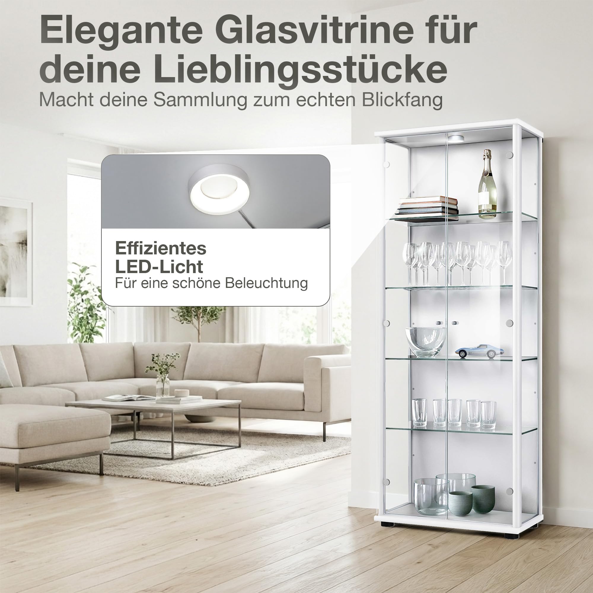 Vitrinenschrank 2-türig (176x67x33cm) - Made in Germany - Standvitrine Weiss mit 4 höhenverstellbaren Glasböden & LED - Glasvitrine Stehend - Vitrine Glas - Display Cabinet