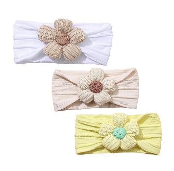 3 Pack 5.3Baby Girl Floral Embroidery Eyelet Bow Headbands Newborn Hairband Baby Turban Knotted Headwrap for Toddler Hair Accessories.FD90 Beige White Yellow