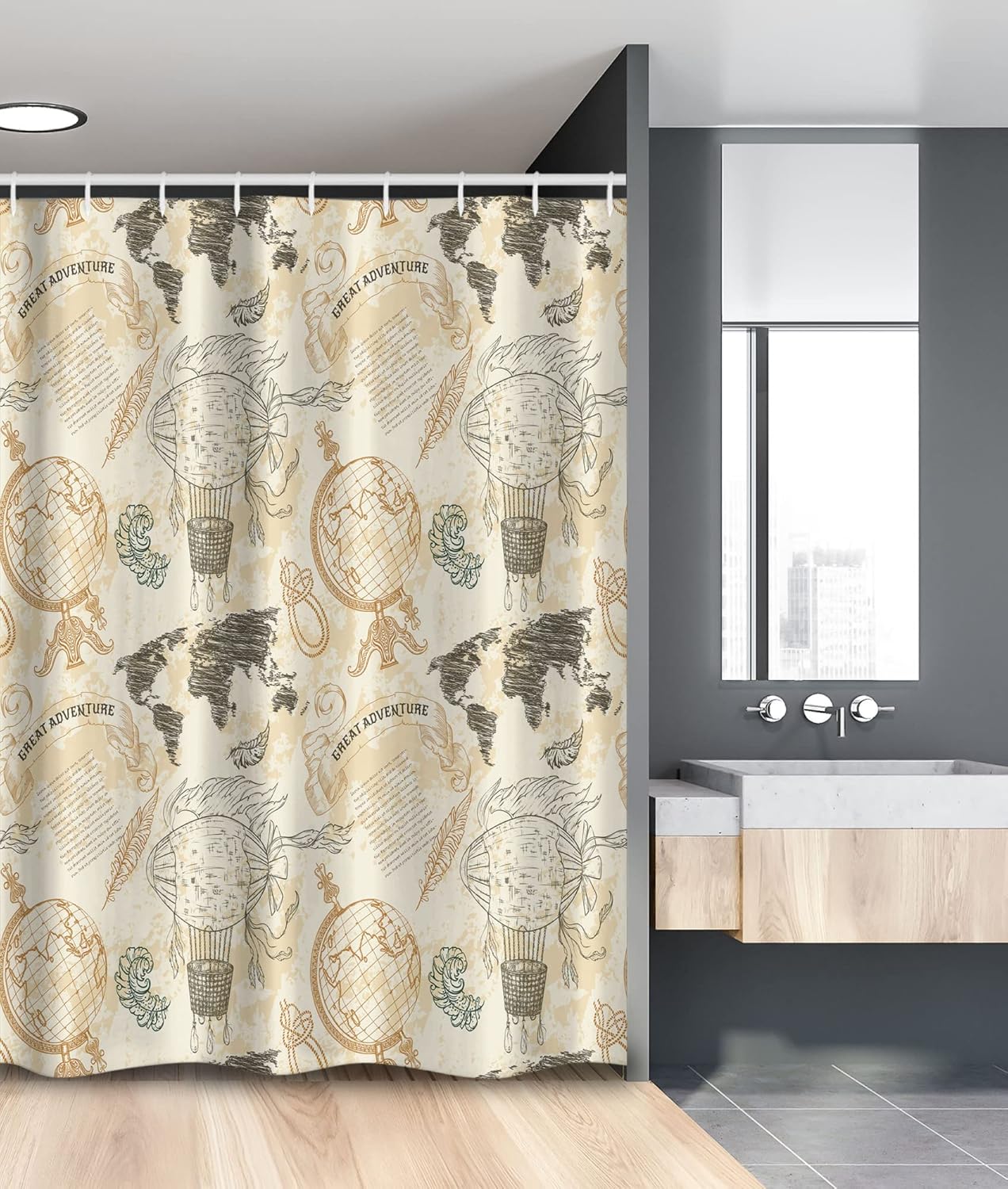 Ambesonne World Map Stall Shower Curtain, Pattern Vintage Globe Atlas Theme Airship Rope Knots Ribbon Retro Print, Fabric Bathroom Decor Set with Hooks, 36" W x 72" L, Beige Olive Green