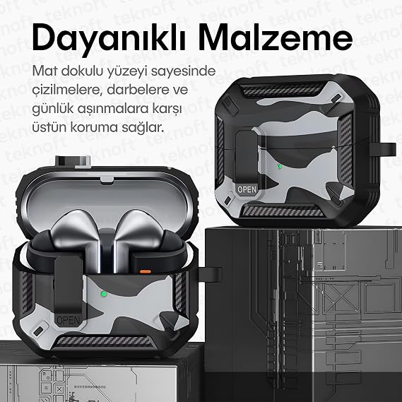 Teknoft Samsung Galaxy Buds 3 Pro, Buds 3 ve Buds 3 FE ile Uyumlu Mandallı Kapak Kilit Sistemli Mat Dokulu Darbelere Dayanıklı Kamuflaj Silikon Kılıf (Siyah)