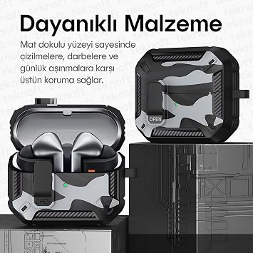 Teknoft Samsung Galaxy Buds 3 Pro, Buds 3 ve Buds 3 FE ile Uyumlu Mandallı Kapak Kilit Sistemli Mat Dokulu Darbelere Dayanıklı Kamuflaj Silikon Kılıf (Siyah)