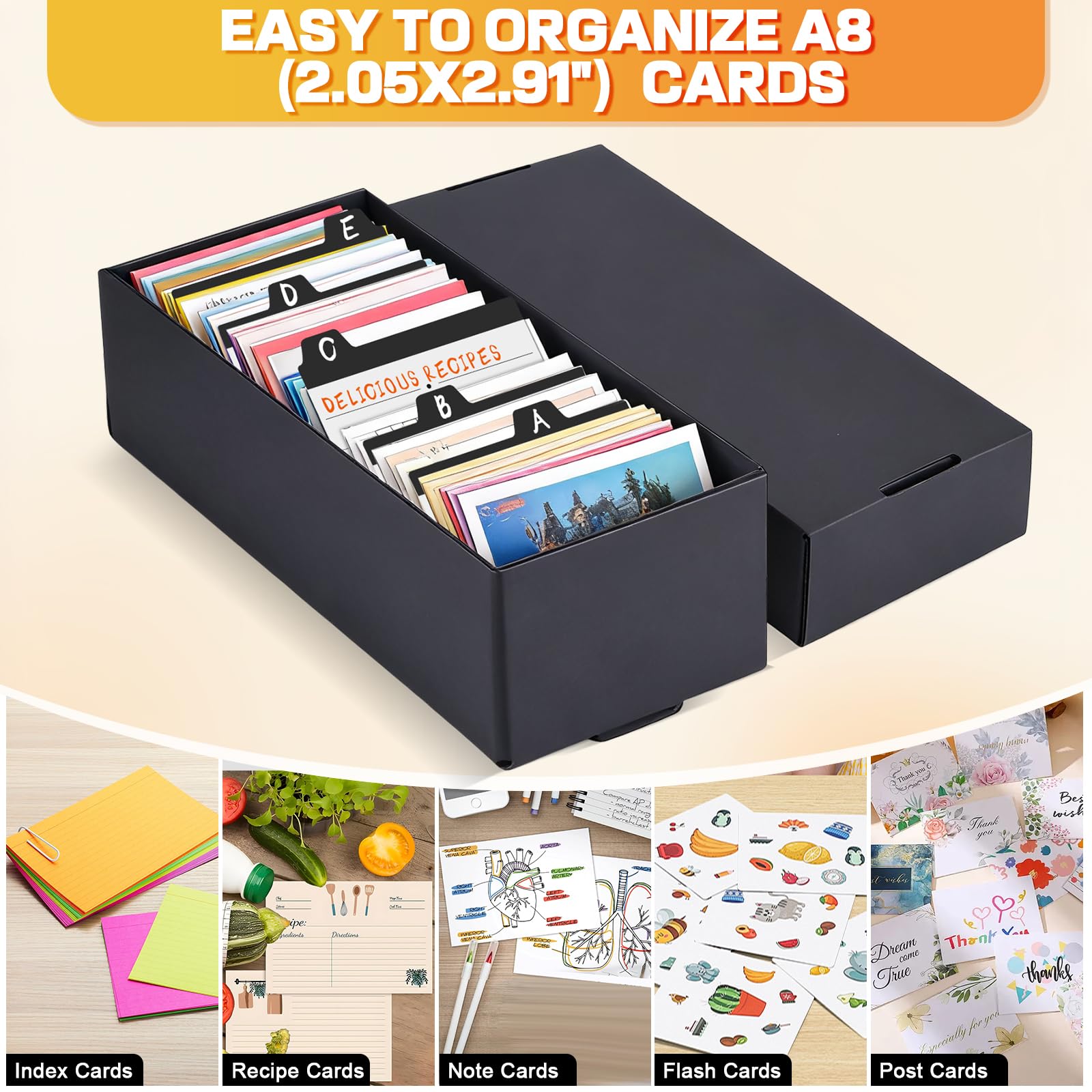 4Pcs Caja para Flashcards A8 con 112 Fichas A Rayas, para Tarjetas Estudio 52 x 74mm, Capacidad 980 Fichas, Caja de Aprendizaje Negra para Notas Recetas, Organización en Escuela y Oficina