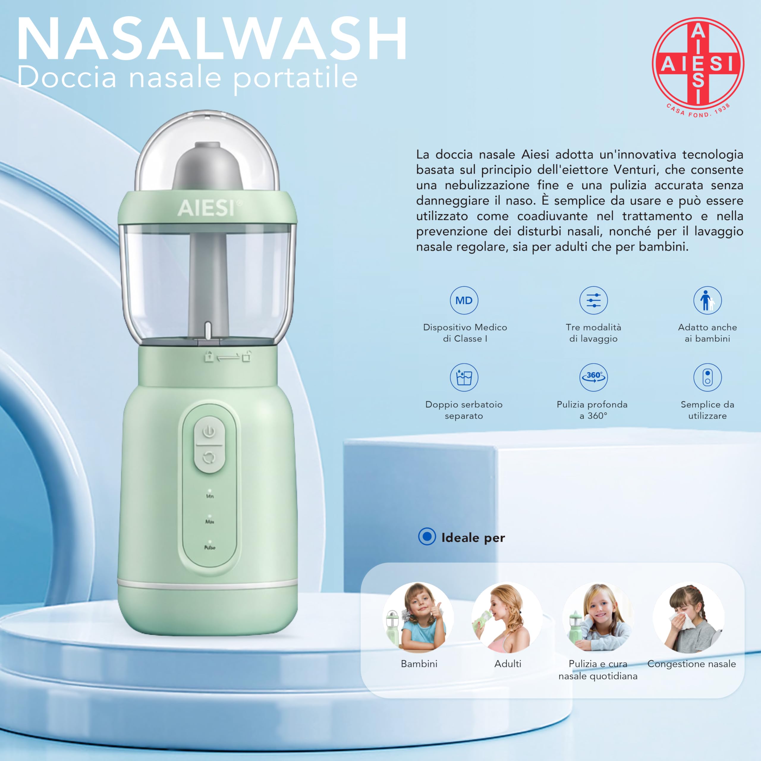 AIESI® Doccia nasale portatile ricaricabile per adulti e bambini NASALWASH, Batteria ricaricabile, 3 livelli di spruzzo, Garanzia Italia 24 mesi
