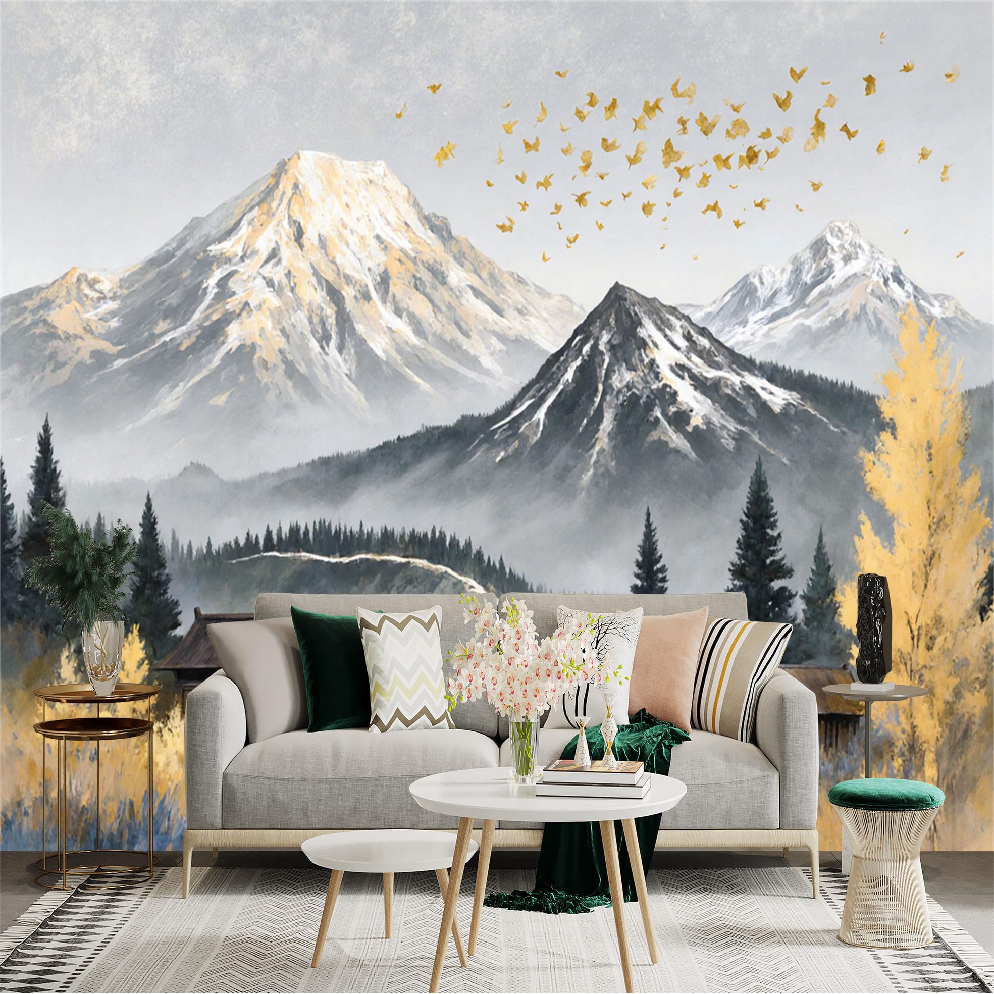 Custom Size Wall Sticker Mural， Snowy Mountain Peaks， Traditional Wooden Cottages， Golden Autumn Foliage， Flying Birds， for wall Decoration， peelandstick wall Decals.