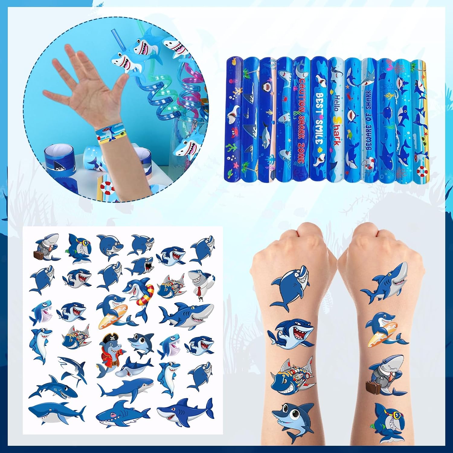 Shark Party Favor Supplies, Shark Goodie Bags Keychains Slap Wristbands Temporary Tattoos Straws for Birthday Ocean Sea Party Decorations