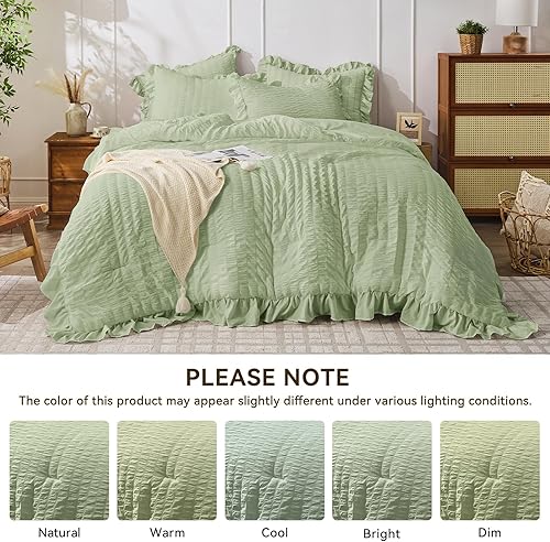 Miniatura 77 de JOLLYVOGUE - Juego de edredón tamaño queen, de 3 piezas, estilo seersucker, ligero y esponjoso para todas las estaciones, con 1 edredón con volantes