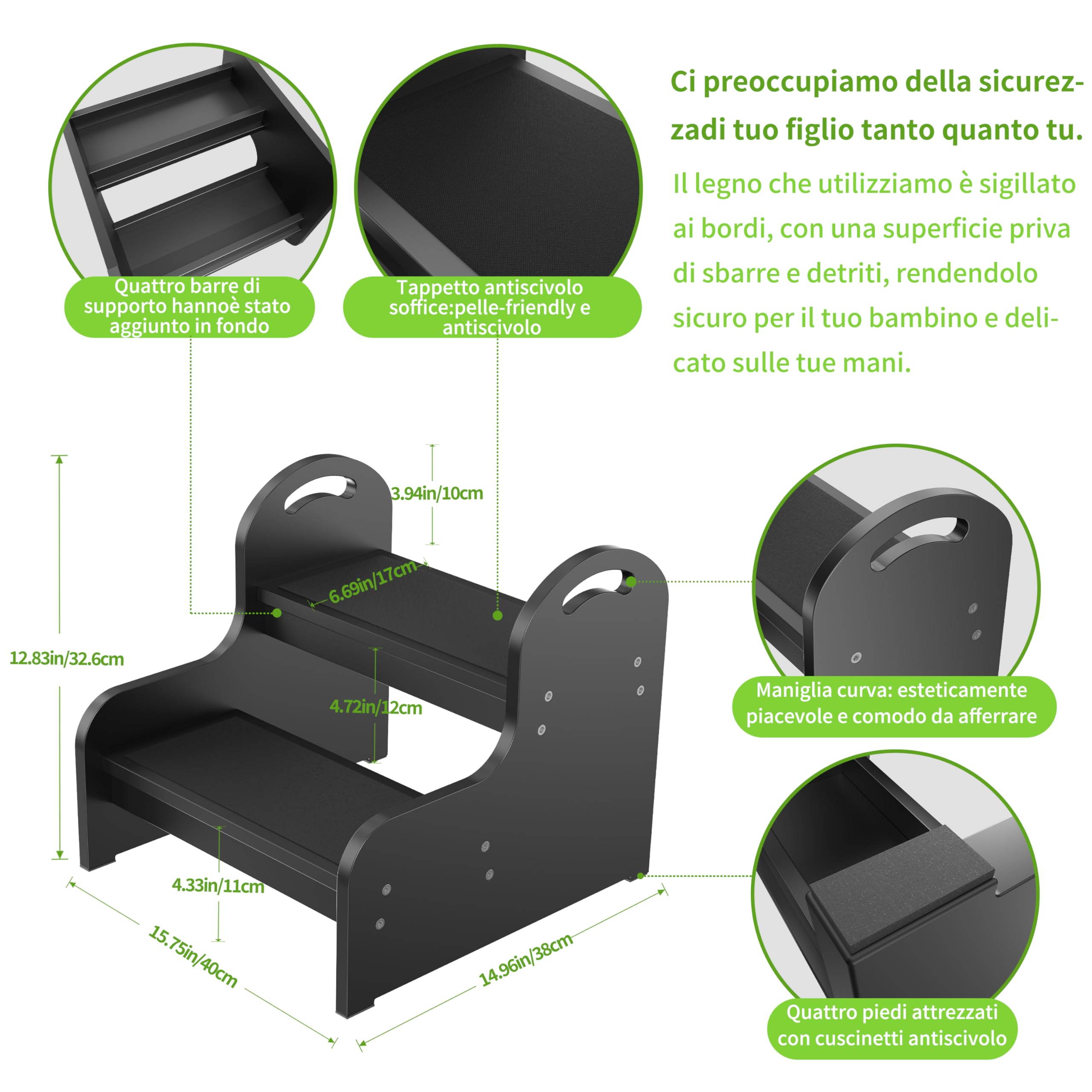 Sgabello in legno a 2 gradini per bambini con superficie antiscivolo, Heavy Duty 2-Step Scala, bambino passino sgabello per bagno lavandino/WC/cucina/letto (nero T)