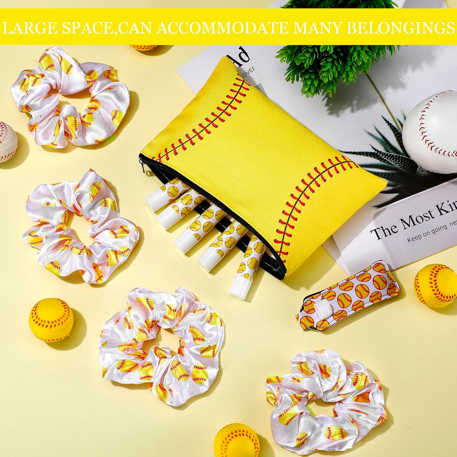 48 Pcs Softball Team Gifts Include 12 Makeup Bags, 12 Hair Scrunchies, 12 Lip Balms, 12 Lip Balm Holders for Softball Players, Girl Sports Team Accessories