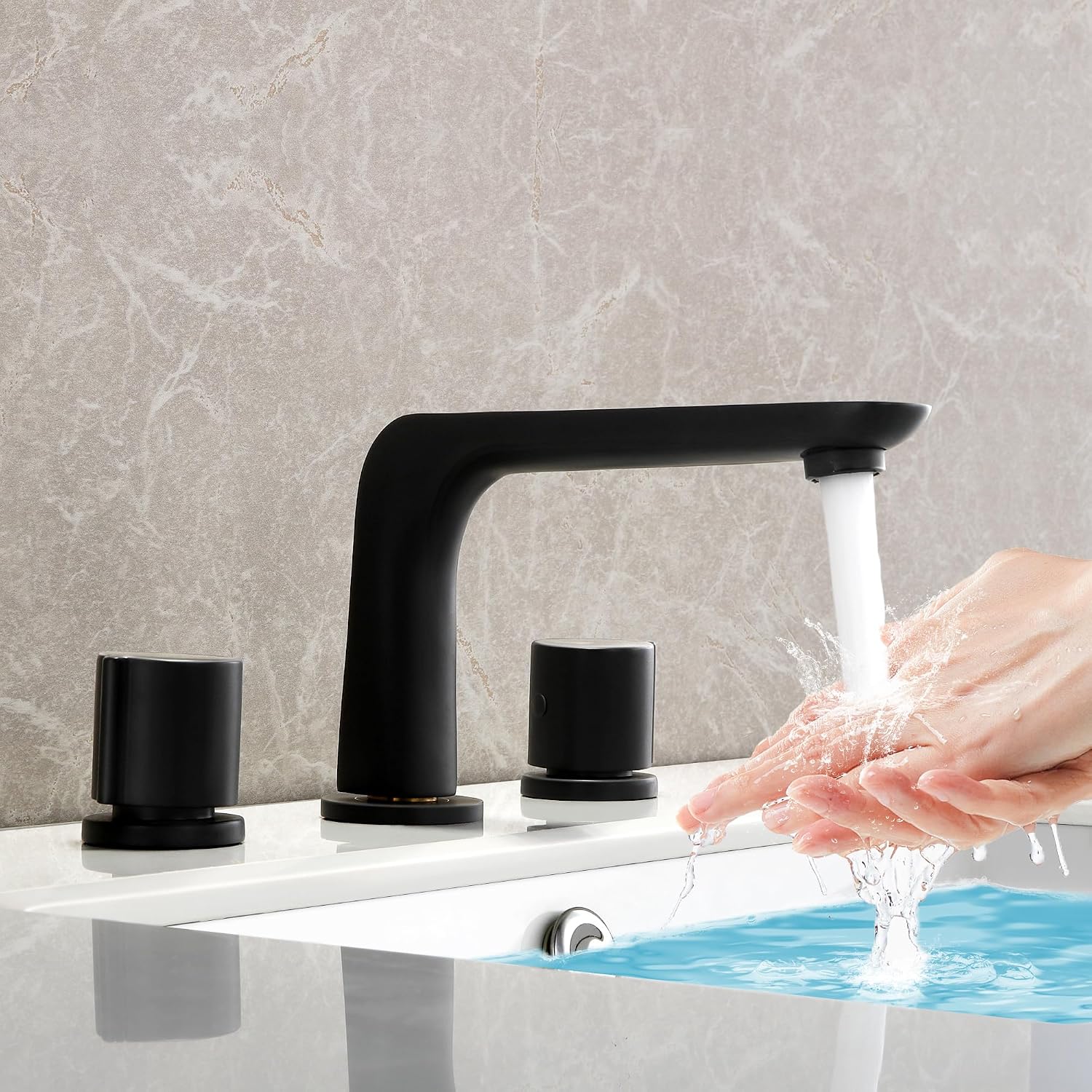 SKOWLL Three Piece Bathroom Faucet 3 Holes Vanity Faucet Deck Mount Bath Faucet Widespread Restroom Sink Faucet with 360 Swivel Spout, Matte Black