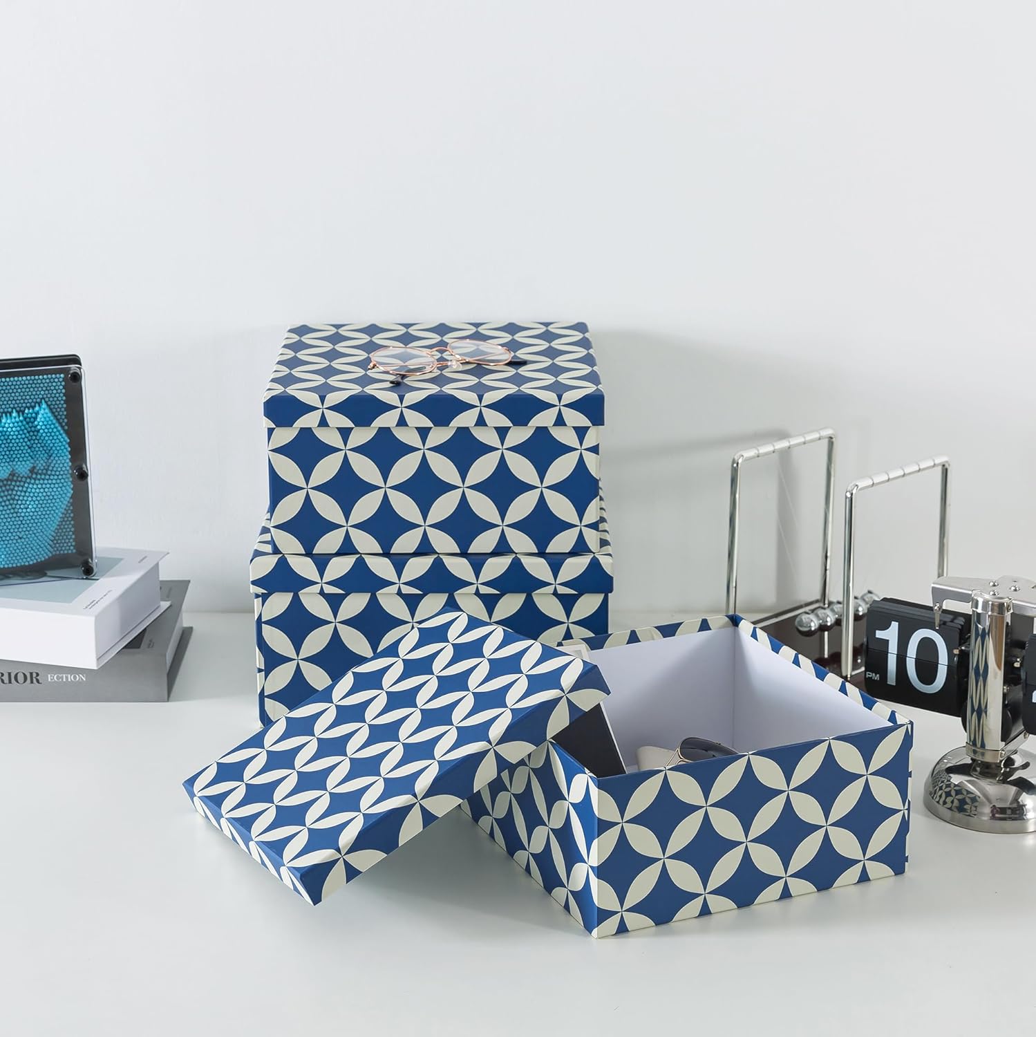 Soul & Lane Set of 3 Decorative Boxes with Lids, Square 11" x 11" Nesting Cardboard Storage for Home Décor in Blue and Cream, Keepsake and Memory Boxes for Organizing, Mosaic Navy