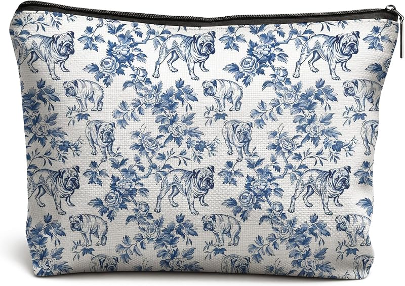 Necessaire de maquiagem DOFQZ com estampa floral de Bulldog Inglês, fechamento com zíper — 1 unidade