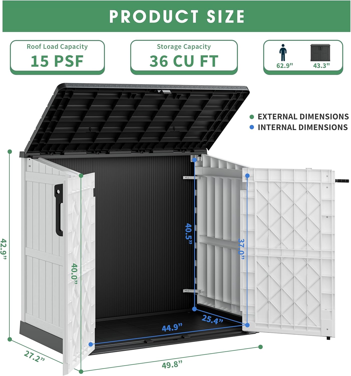 36 Cu Ft Outdoor Storage Cabinet with Dual Lockable Doors, Weatherproof Horizontal Outdoor Storage Shed with Floor for Garage, Patio, Backyard - White