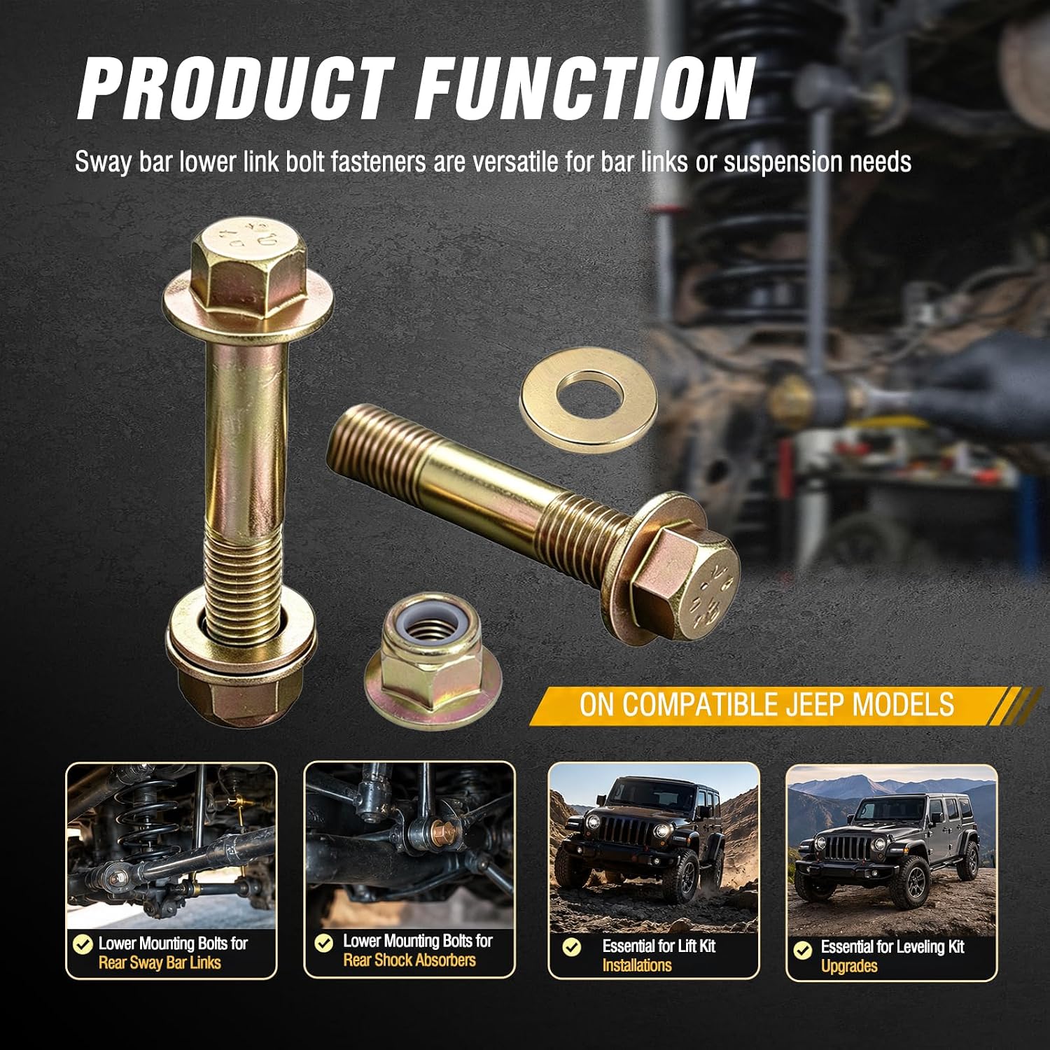YunGlee 2PCS Sway Bar Lower Link Bolt Kit, Replacement for 6512602AA 6104242AA 6104718AA, Compatible with Jeep Wrangler JL/JK & Gladiator JT Suspension - 10.9 Yellow Zinc Coated