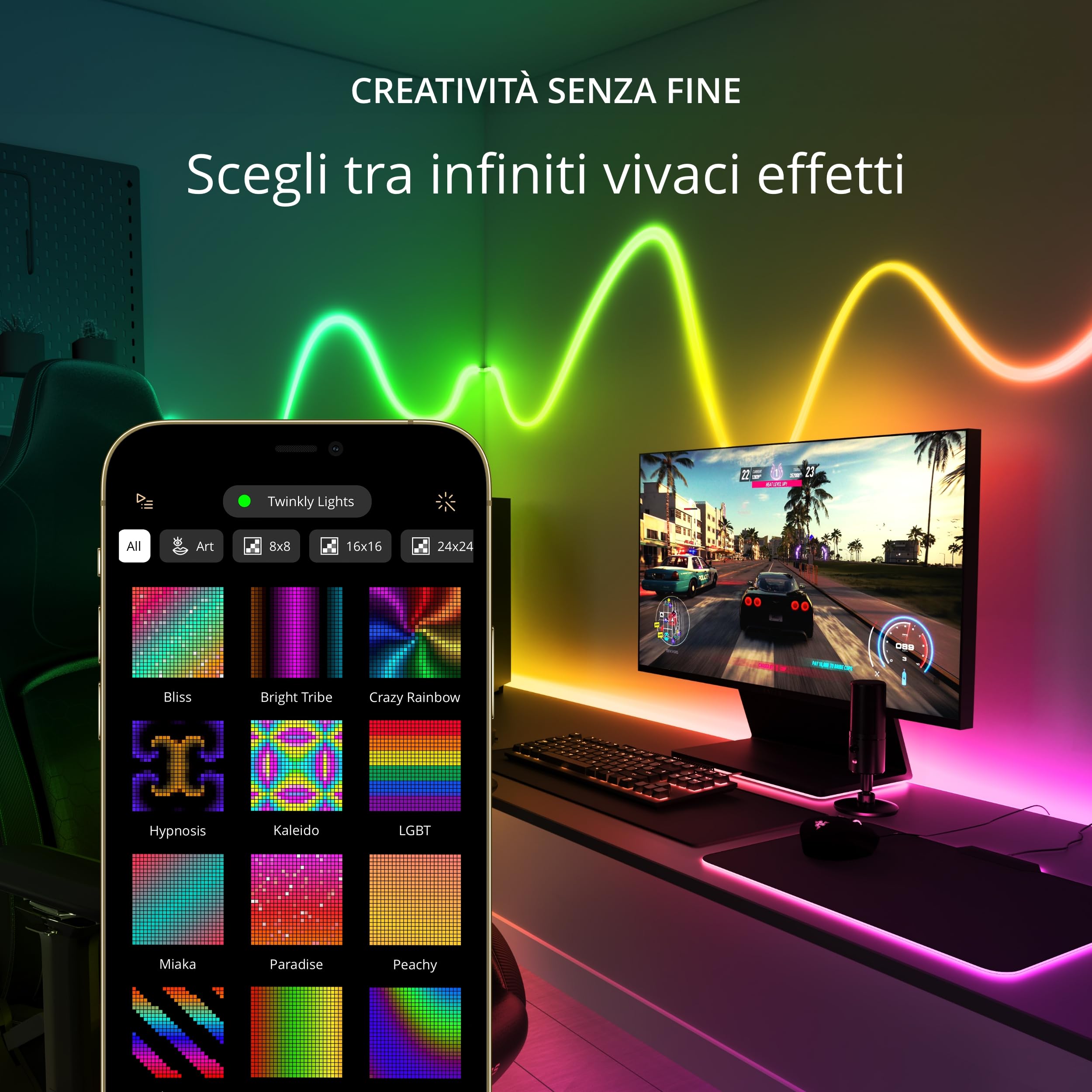 Twinkly Flex 2m, Tubo LED Multicolore, Striscia LED RGB Flessibile, Compatibile con Alexa e Google Home, Luci Gaming, 16M+ di Colori, Alimentazione USB C, Controllato da App, Filo Bianco