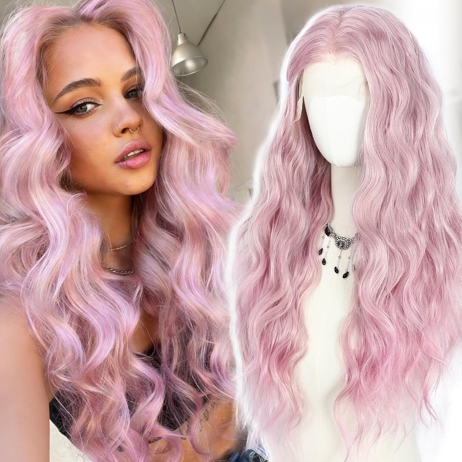 SAPPHIREWIGS 13×4 Synthetic Lace Front Wig Body Wave Heat Fiber Hair Lavender Color with Pink Tips Long Wavy Wigs for Women Half Hand Tied Made Halloween Cosplay Daily Uses 24 Inch