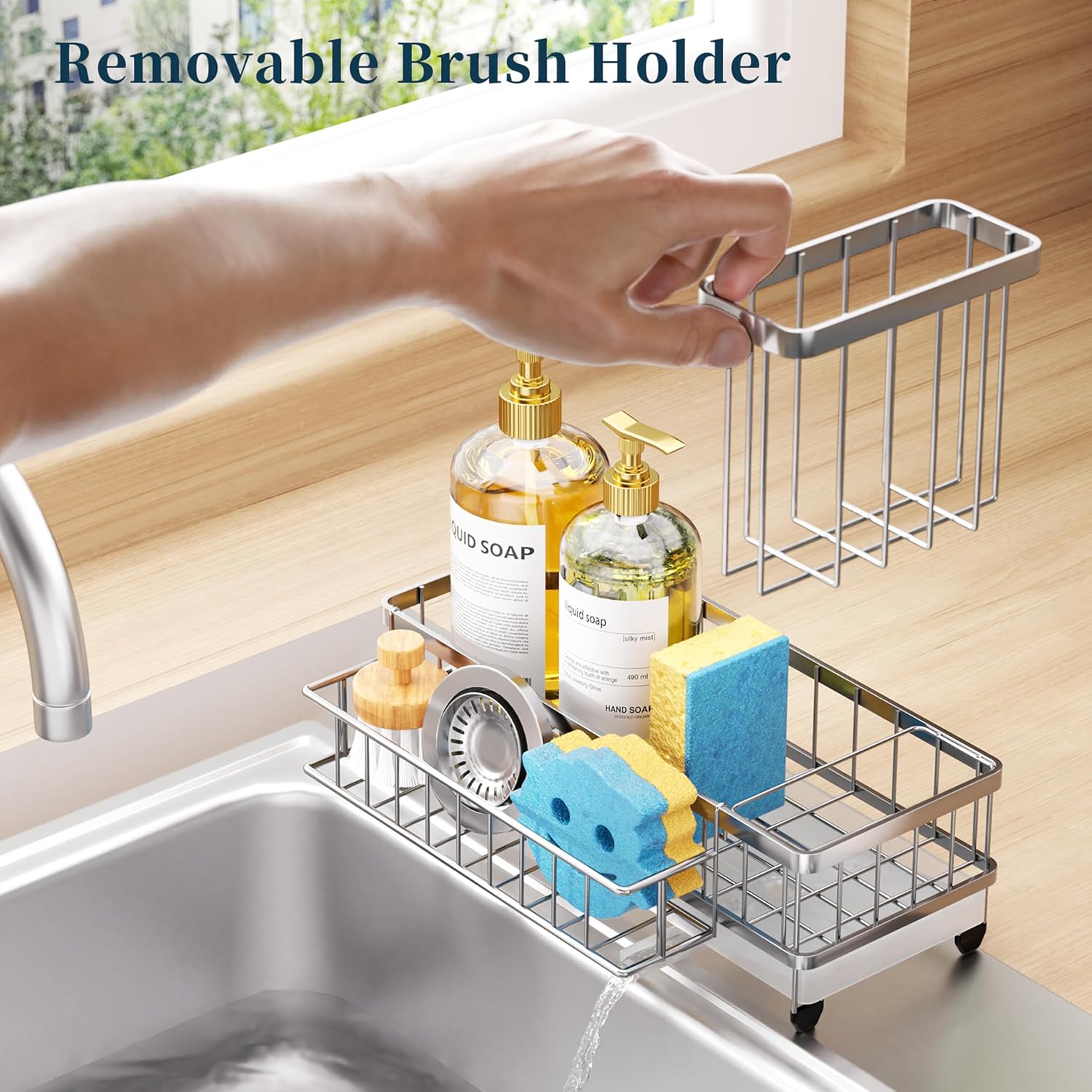 Consumest Sponge Holder for Kitchen Sink - Auto Draining Sink Caddy Organizer with Detachable Rack, High Brush Holder, Kitchen Countertop Storage Accessories, Silver-Extra Large image 3