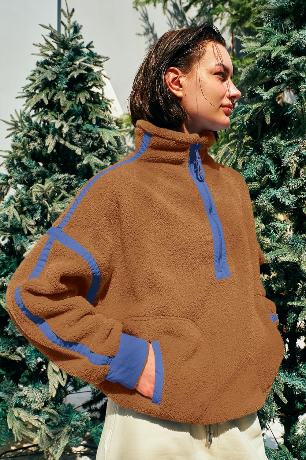 Panadila Womens Half Zip Sherpa Fleece Pullover Soft Oversized Sweatshirt with Pockets Warm Fuzzy Sweater