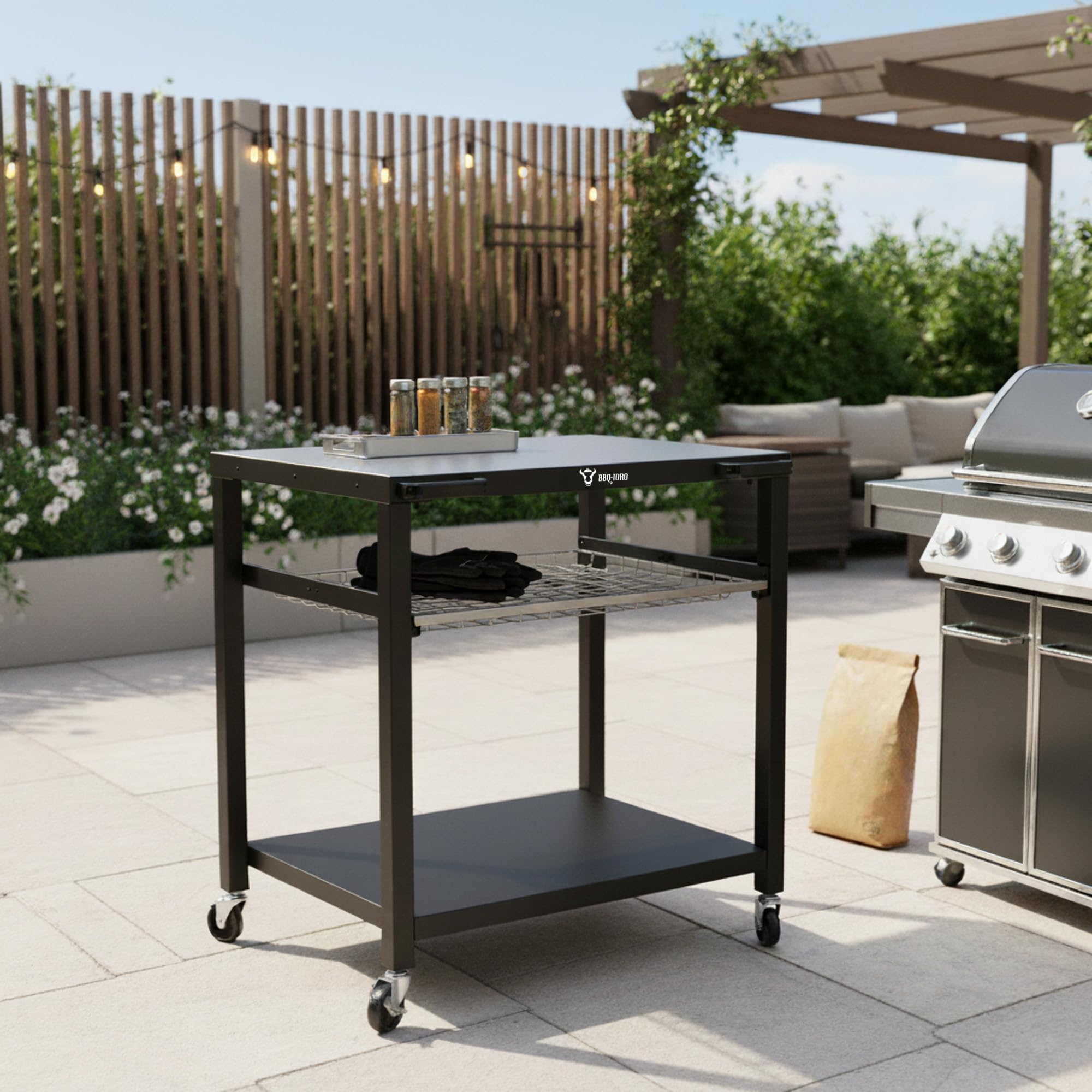 BBQ-Toro Chariot de barbecue 80 x 65,5 x 86,5 cm - Noir - Table de barbecue avec grande surface de travail - Table d'appoint pour barbecue d'extérieur - Table de barbecue d'extérieur (tiroir grillagé)