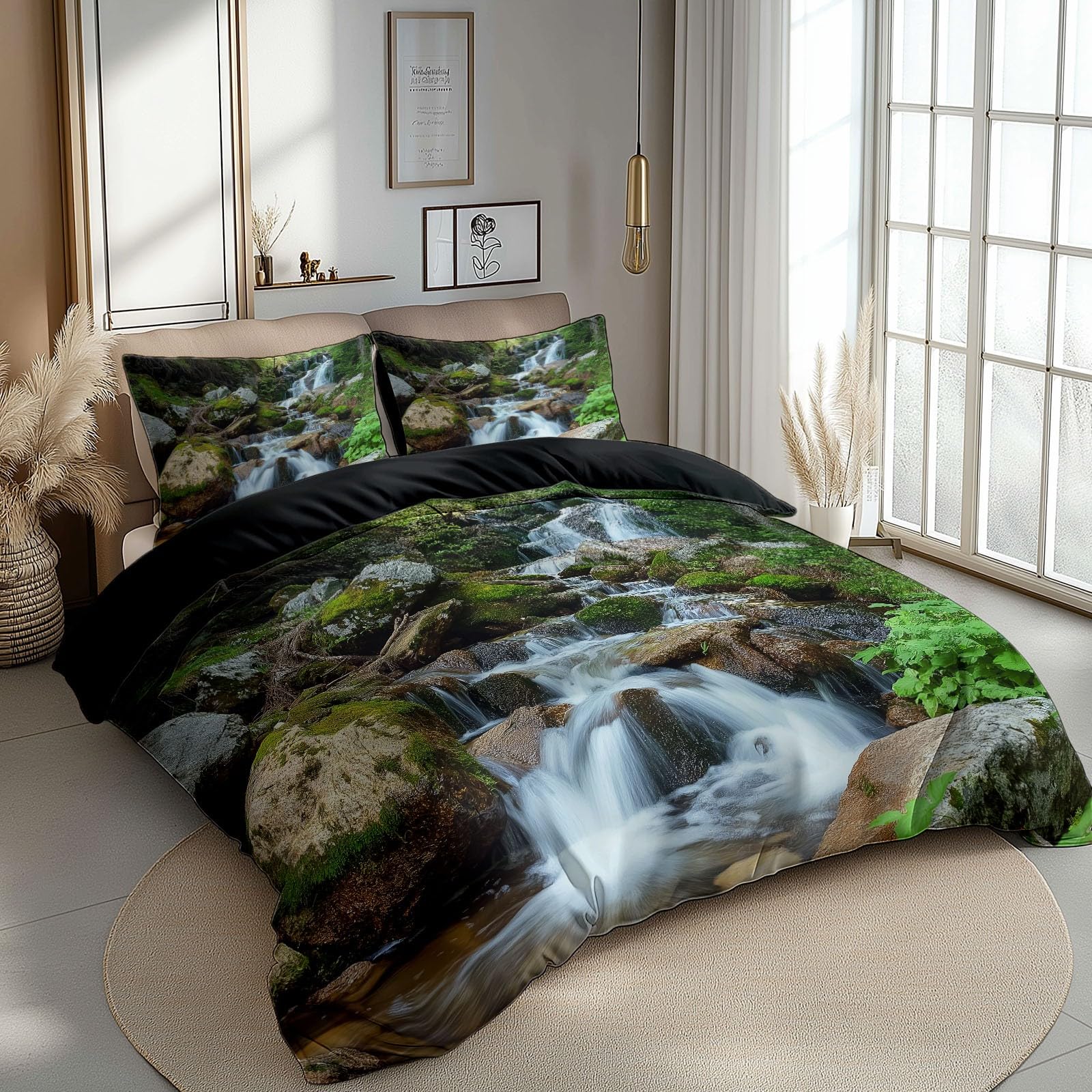 Pościel 3D, letni krajobraz górski, komplet pościeli 200 x 200 cm + poszewka na poduszkę 80 x 80 cm, czarna, z mikrofibry, dwustronna, 3-częściowy, z zamkiem błyskawicznym