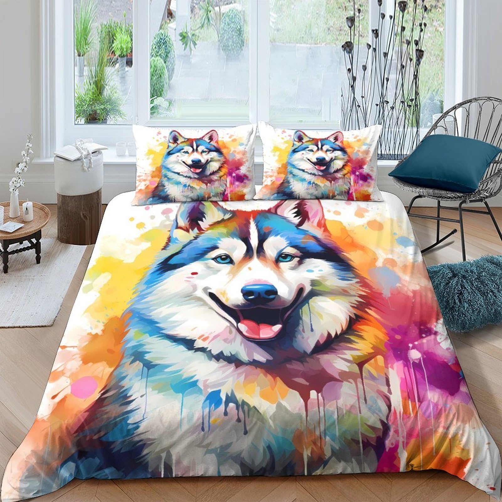 Ctjqhvkz Style-1 3D Printed Husky Art Fitted Sheet Microfiber Colourful Wolf Bed Cover For Bedroom Guest Room Mattress Protection Decor Single（135X200cm）