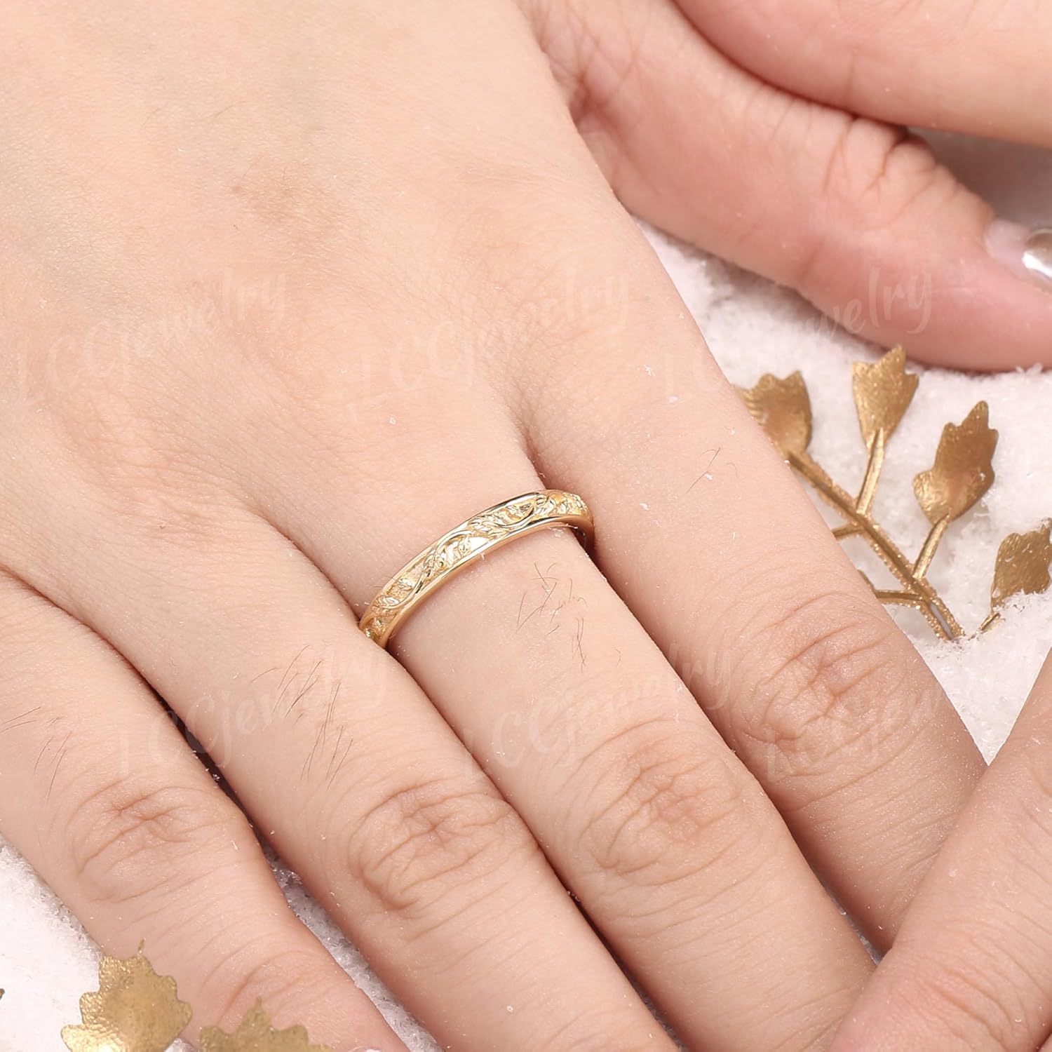 Leaf Design Couple Rings Set, 2-Piece His & Hers Wedding Bands in Solid Yellow Gold, Natural Leaf Engagement Ring Set for Women and Men, Matching Bridal Jewelry Gift