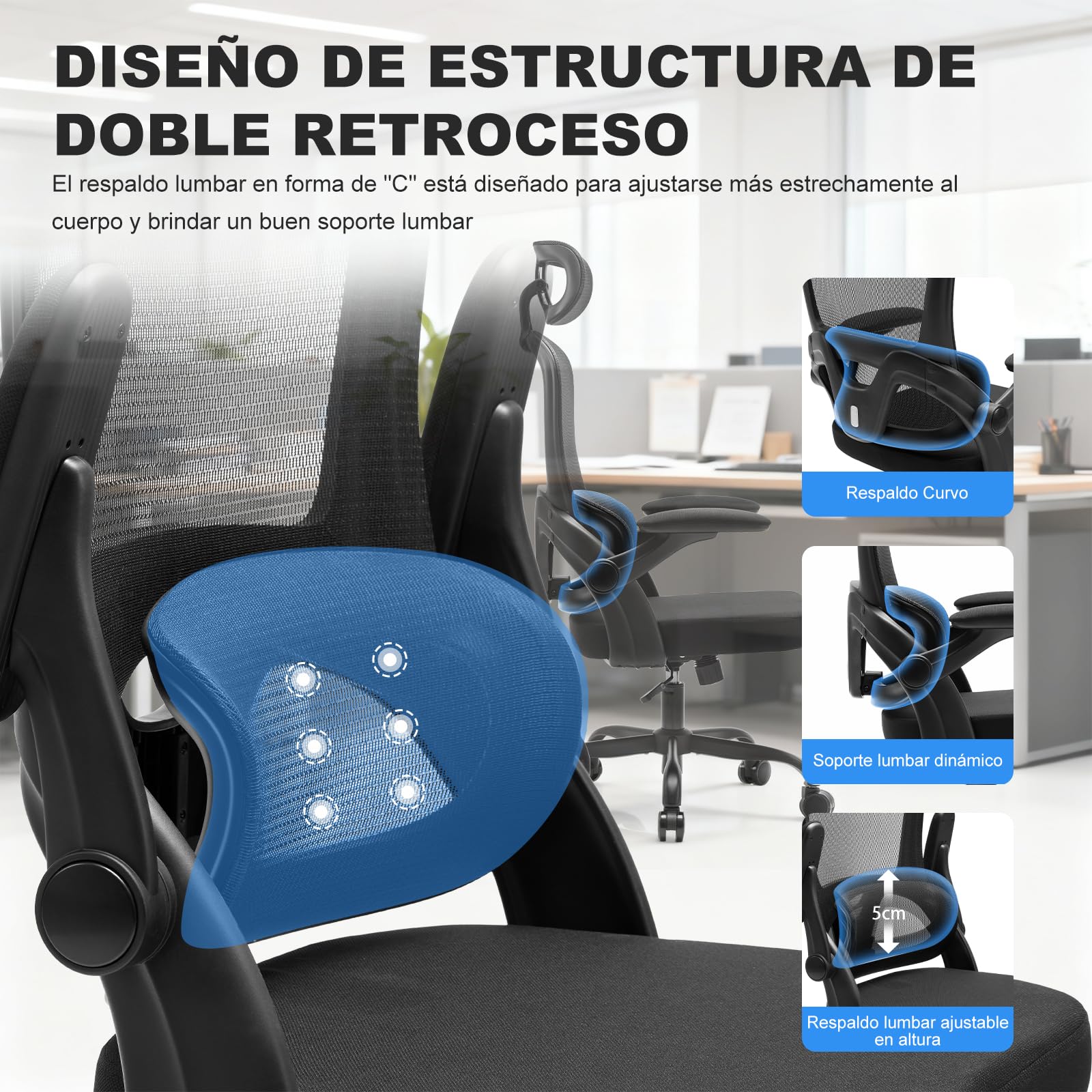 Magic Life Silla de Oficina Ergonómica con Soporte Lumbar, Asiento de Malla Rebotante, Respaldo Transpirable y Reposabrazos 3D, Altura Ajustable para Oficina en Casa (Negro)