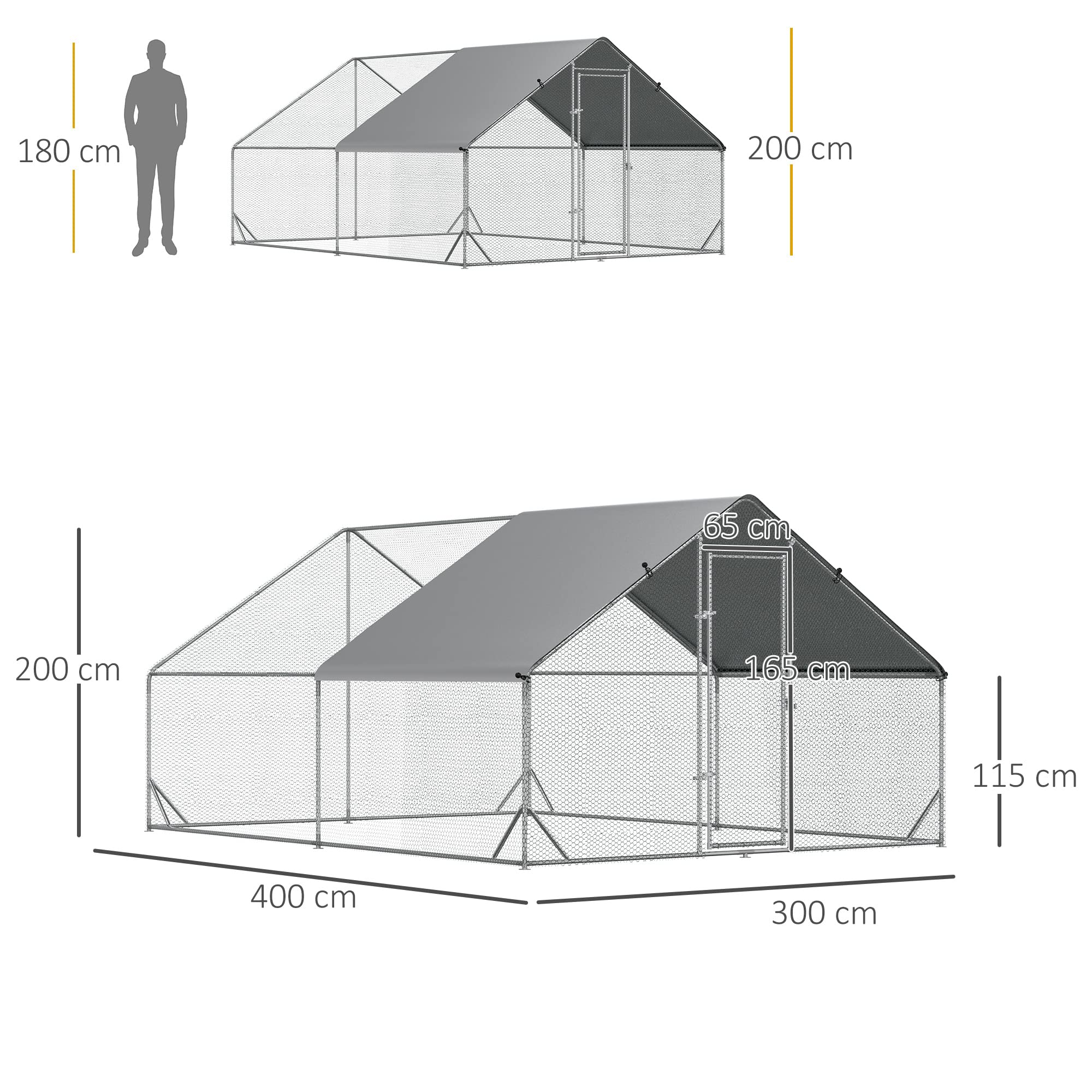 PawHut Hühnerstall 3x4x2 m Freilaufgehege mit Dach für 8-12 Hühner Silber | Hühnergehege, Hühnerlaufstall Freigehege für Kleintiere, Tür mit Schloss, Hühnerkäfig aus Verzinkter Stahl