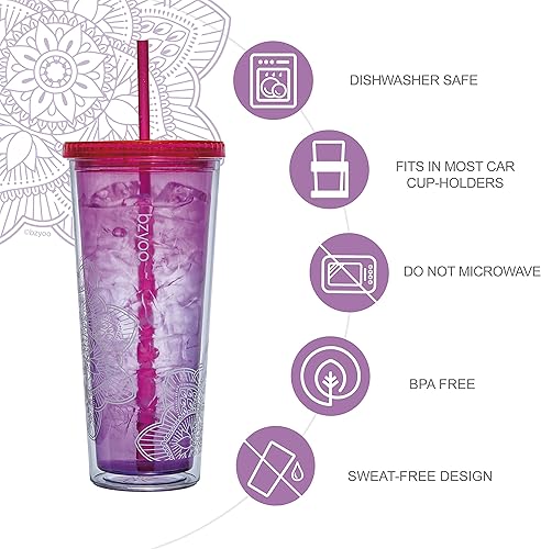 Miniatura 9 de bzyoo Colección de vasos de paja de mandala SUP - Vaso aislado al vacío de acero inoxidable de doble pared rosa de 24 onzas con popote y tapa y vaso