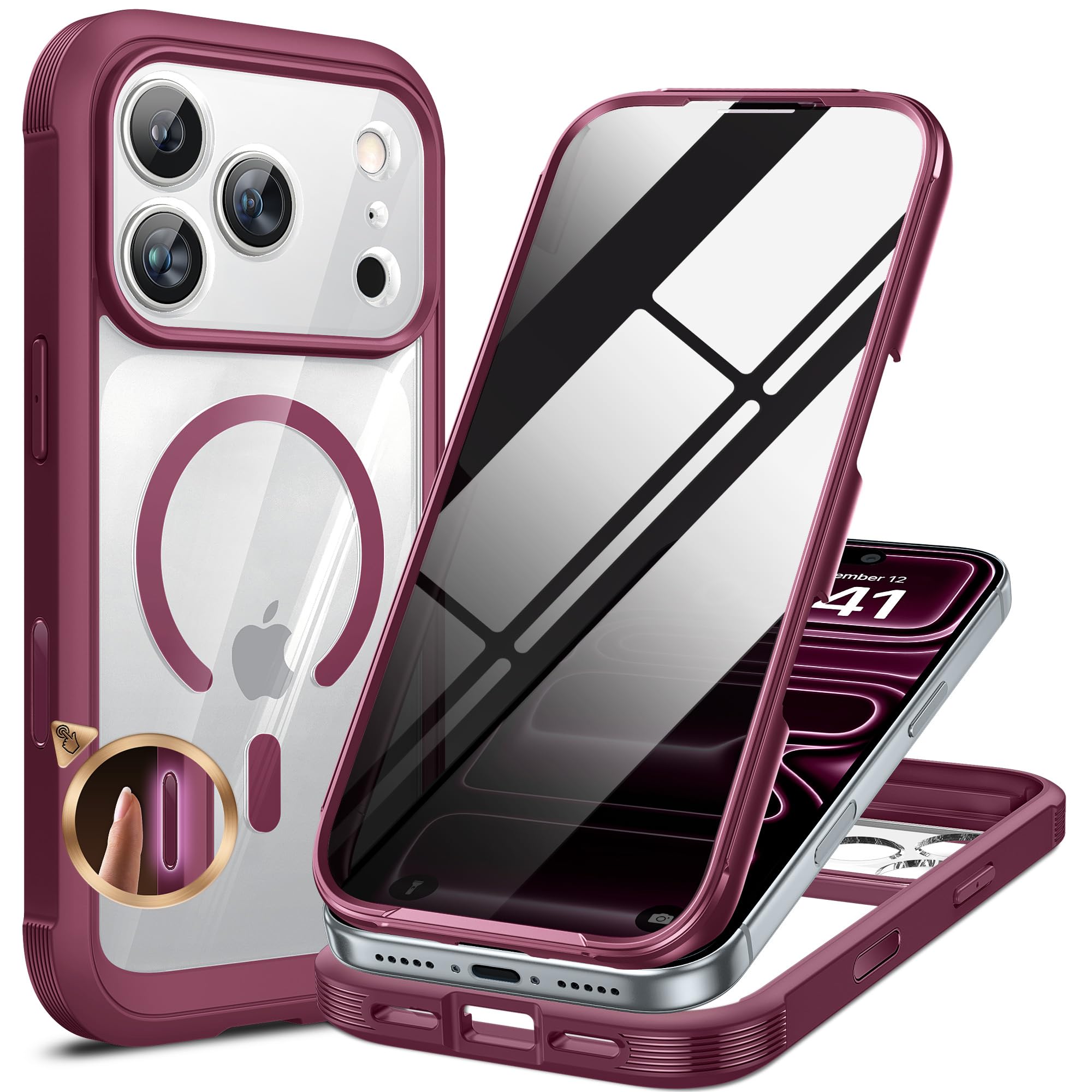 Miracase for iPhone 17 Pro Max Case with Privacy Screen Protector, Wine Red