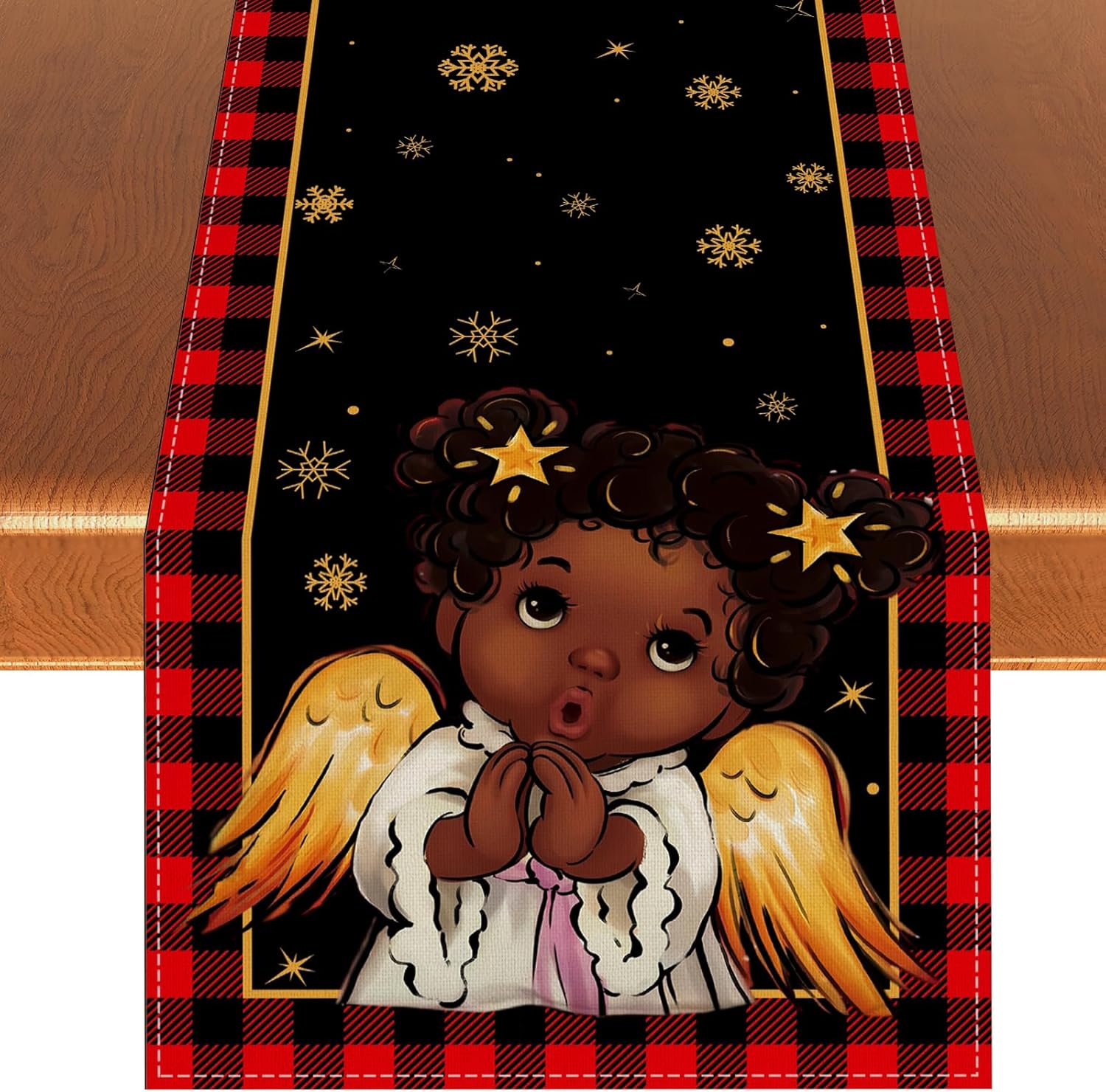Linen African American Christmas Table Runner Black Santa