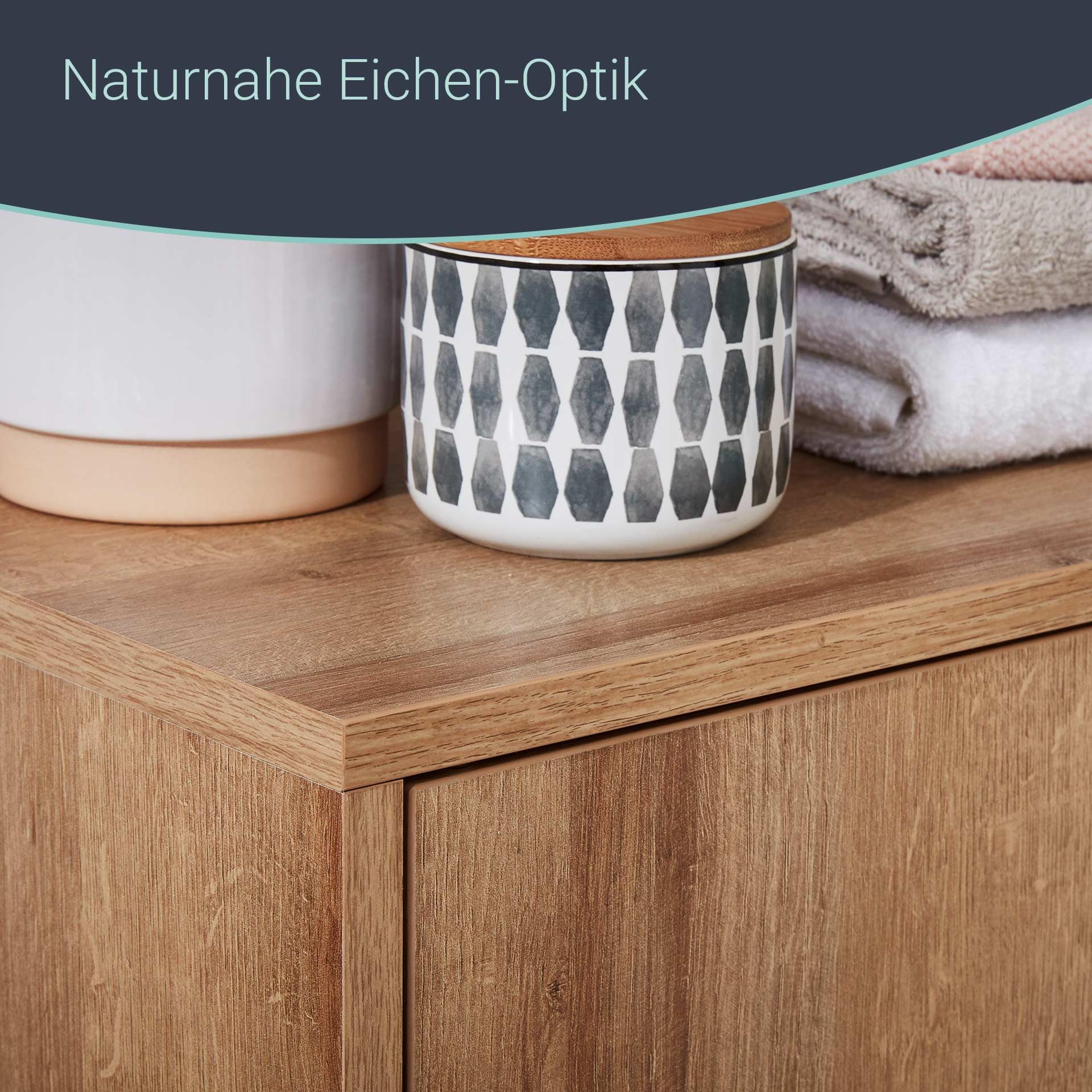 BadeDu Minho Hängeschrank – 60 cm in AST-Eiche Optik, Moderner skandinavischer Stil, 2 Türen mit 2 Glaseinlegeböden, Made in Germany