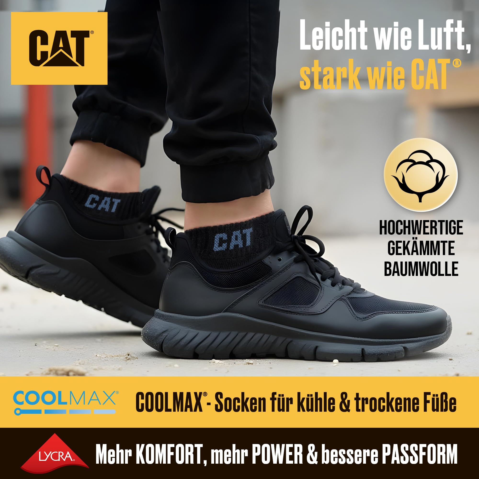 CAT CATERPILLAR POWER & COOL WORK SNEAKERS Lot de 6 paires de chaussettes de travail, baskets, chaussettes de travail, tailles 39-42, 43-46, 47-50
