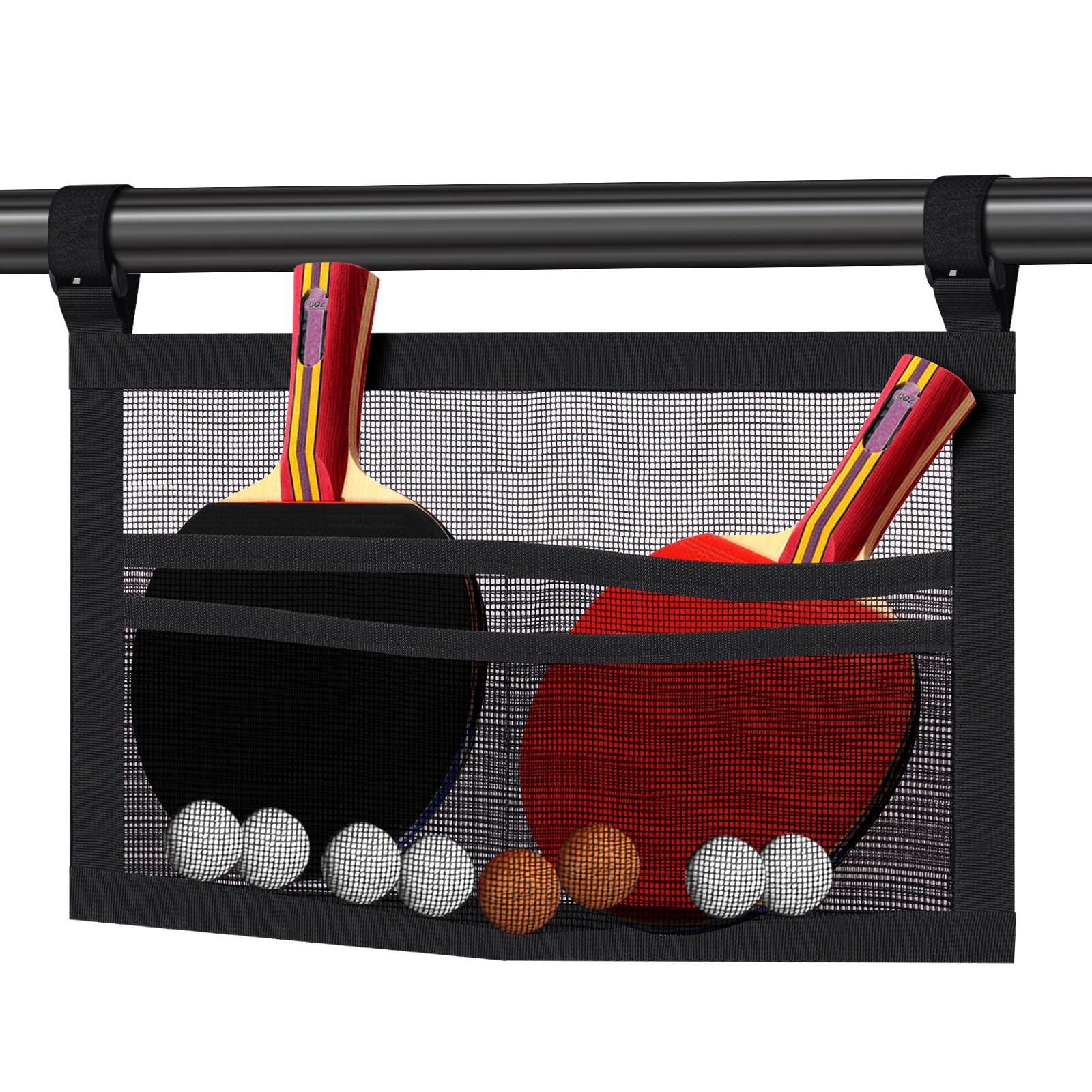 Ping Pong Paddle Holder, Hanging Mesh Storage Bag for Table Tennis Rackets &amp; Balls, Under Table Organizer with Adjustable Straps, Fits Pickleball Paddles