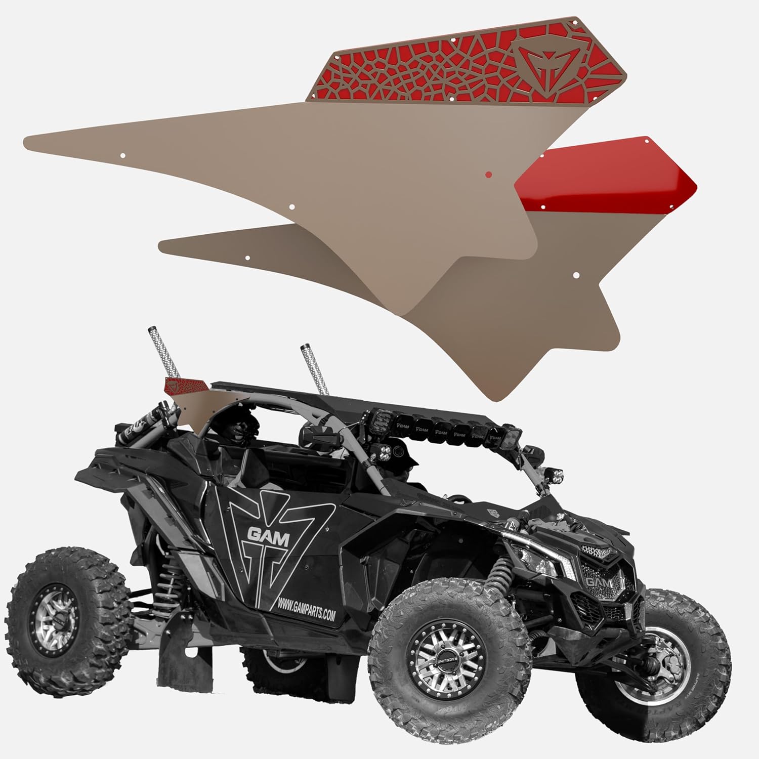 GAM Can am Maverick X3 2017-25 Side Racing Number Plates Holder Pair (Mocha with Red GAM Logo)