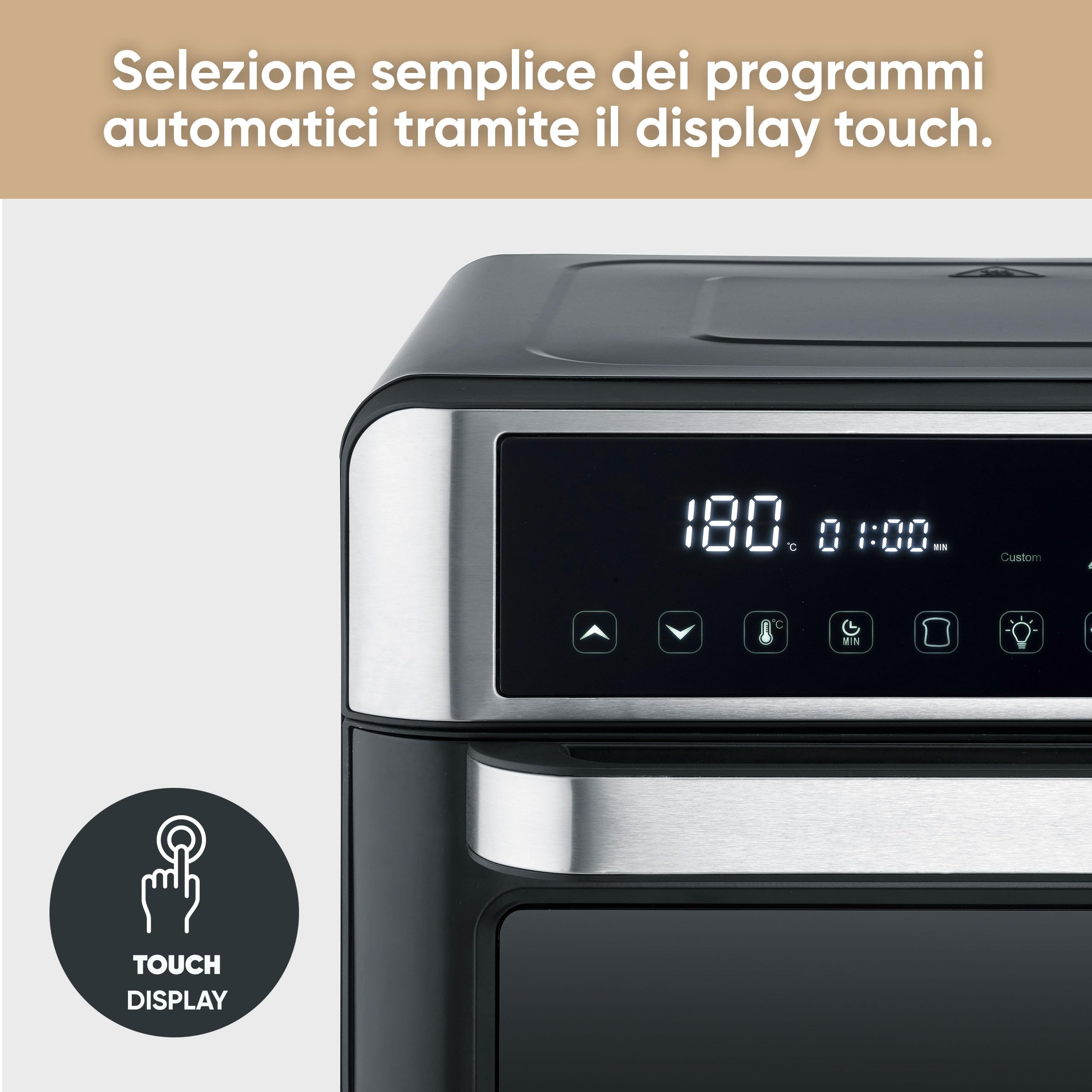 SEVERIN Forno Elettrico e Friggitrice ad Aria, 2200W, 25 Litri, 12 Programmi, Display Touch, No Pre-riscaldamento, Accessori Girarrosto, 41,0 x 45,0 x 37,0 cm, Nero/Inox - TO 9579