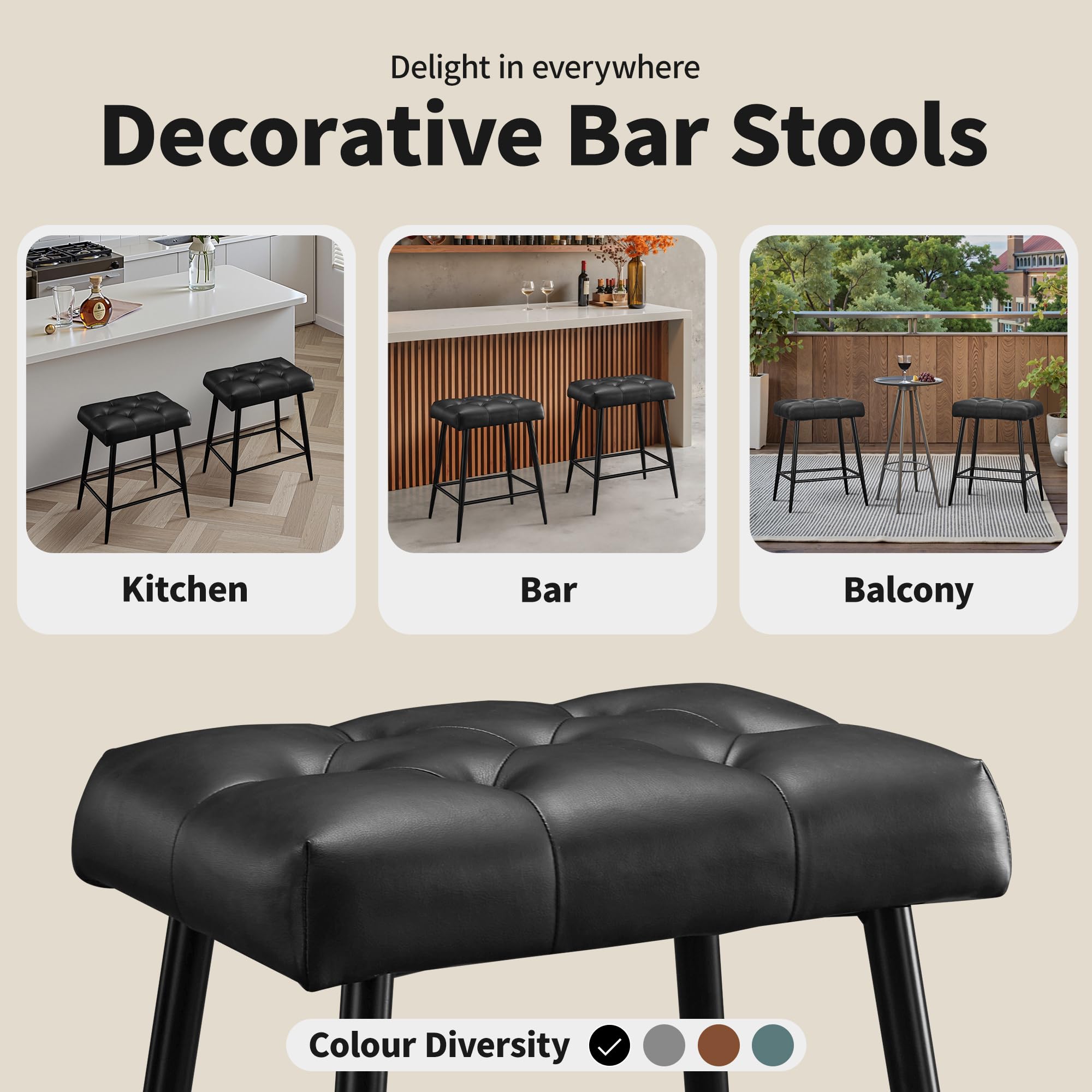 STOOLINK Juego de 2 Taburete Bar, Taburete Alto Cuero de Microfibra, Taburete Cocina con Reposapiés 62.5 cm Altura, Taburete de Bar 150 kg para Comedor, Mostrador-Negro