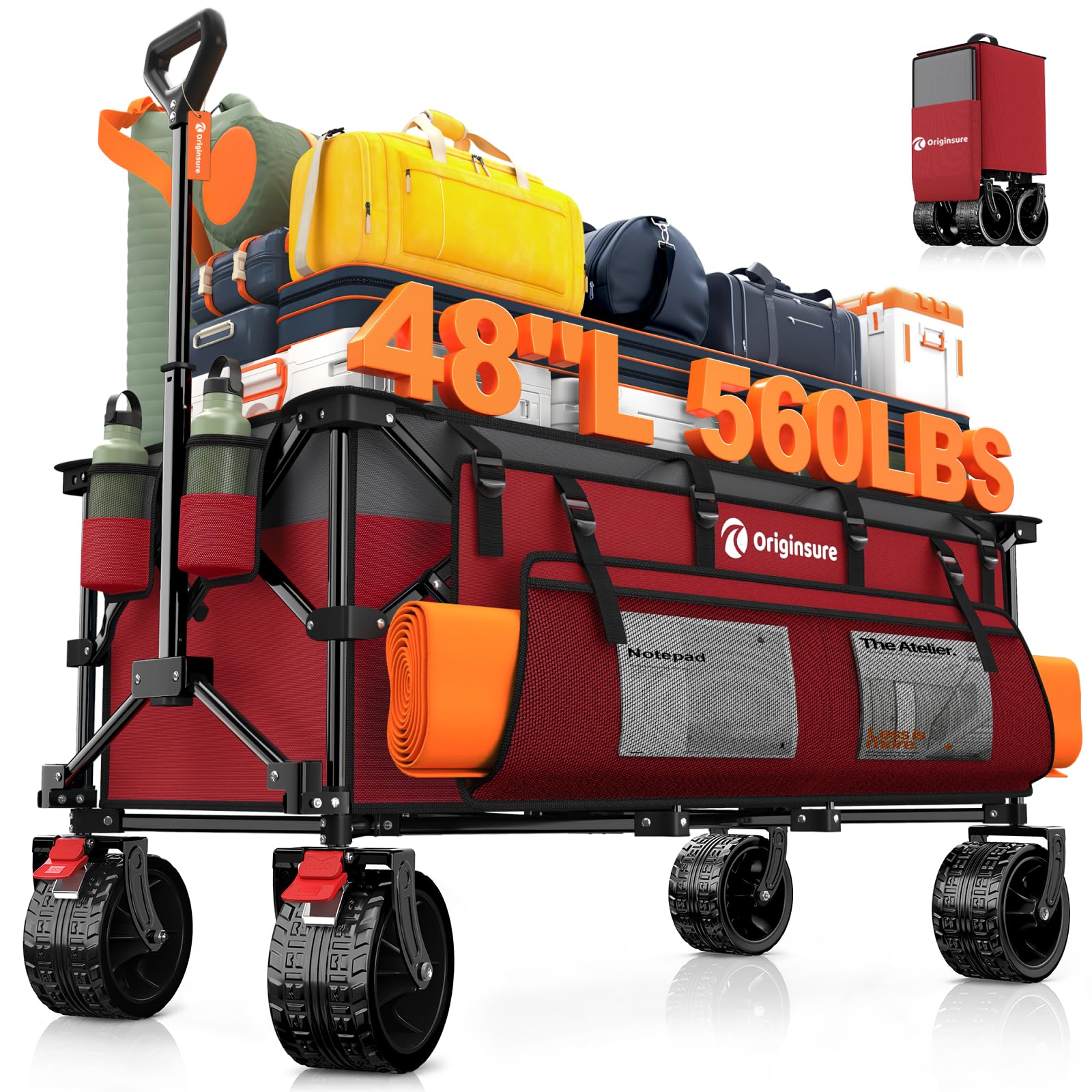 48" L Folding Beach Wagon Cart Foldable, 560lbs Weight Capacity 300L Heavy Duty Collapsible Wagons with Big All-Terrain Wheels, Utility Carts for