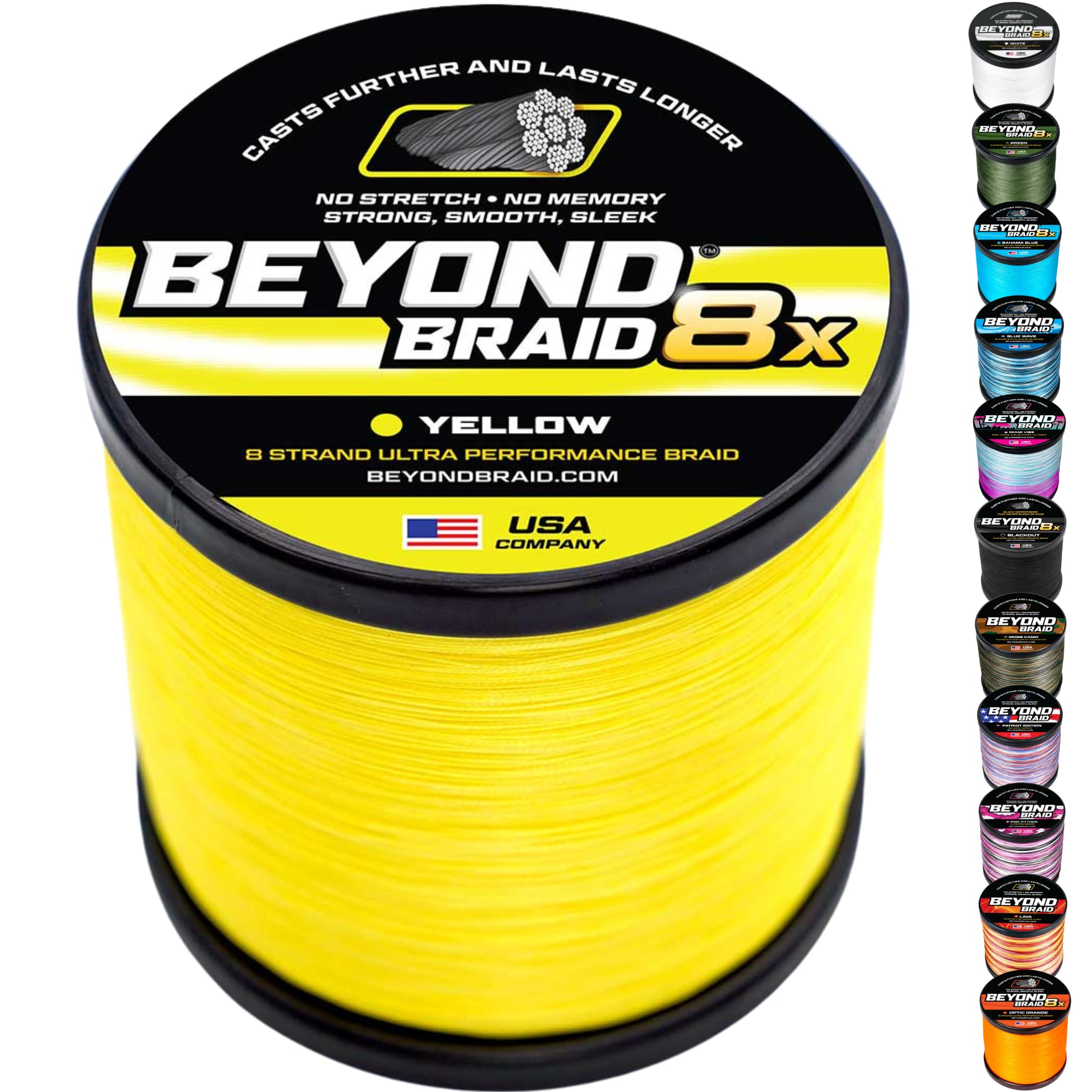 Beyond Braid Braided Fishing Line -Super Strong - Abrasion Resistant - No Stretch -Blue Camo, Moss Camo, White, Green, Pink, Blue, 4 Strand 8 Strand