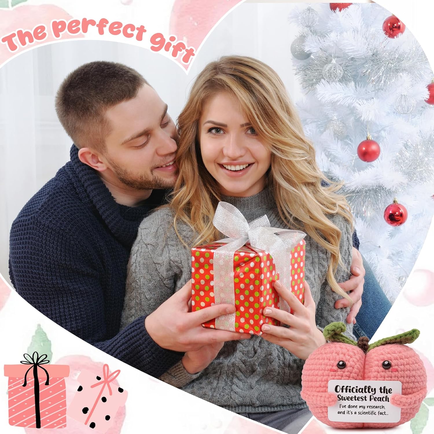 Funny Birthday Gift for Girlfriend, 'Officially The Sweetest Peach' Crochet Plush with Card, Cute Valentines Day Present for Boyfriend, Scientific Fact Anniversary Keepsake for Her Him Partner