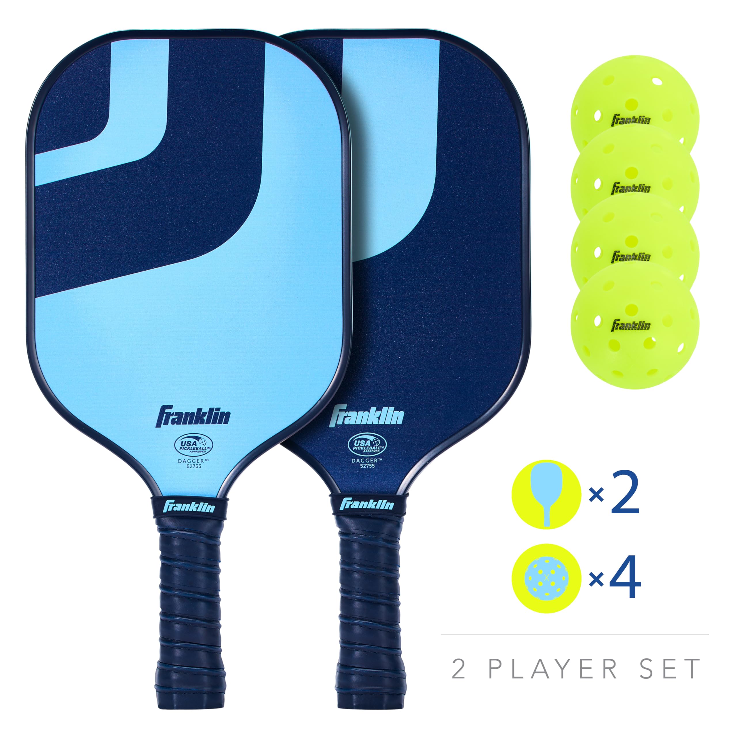 Franklin Sports Set da pickleball con racchette da pickleball in fibra di vetro + 4 palle da pickleball X-40, approvate USAPA, per 2 giocatori e set di palline