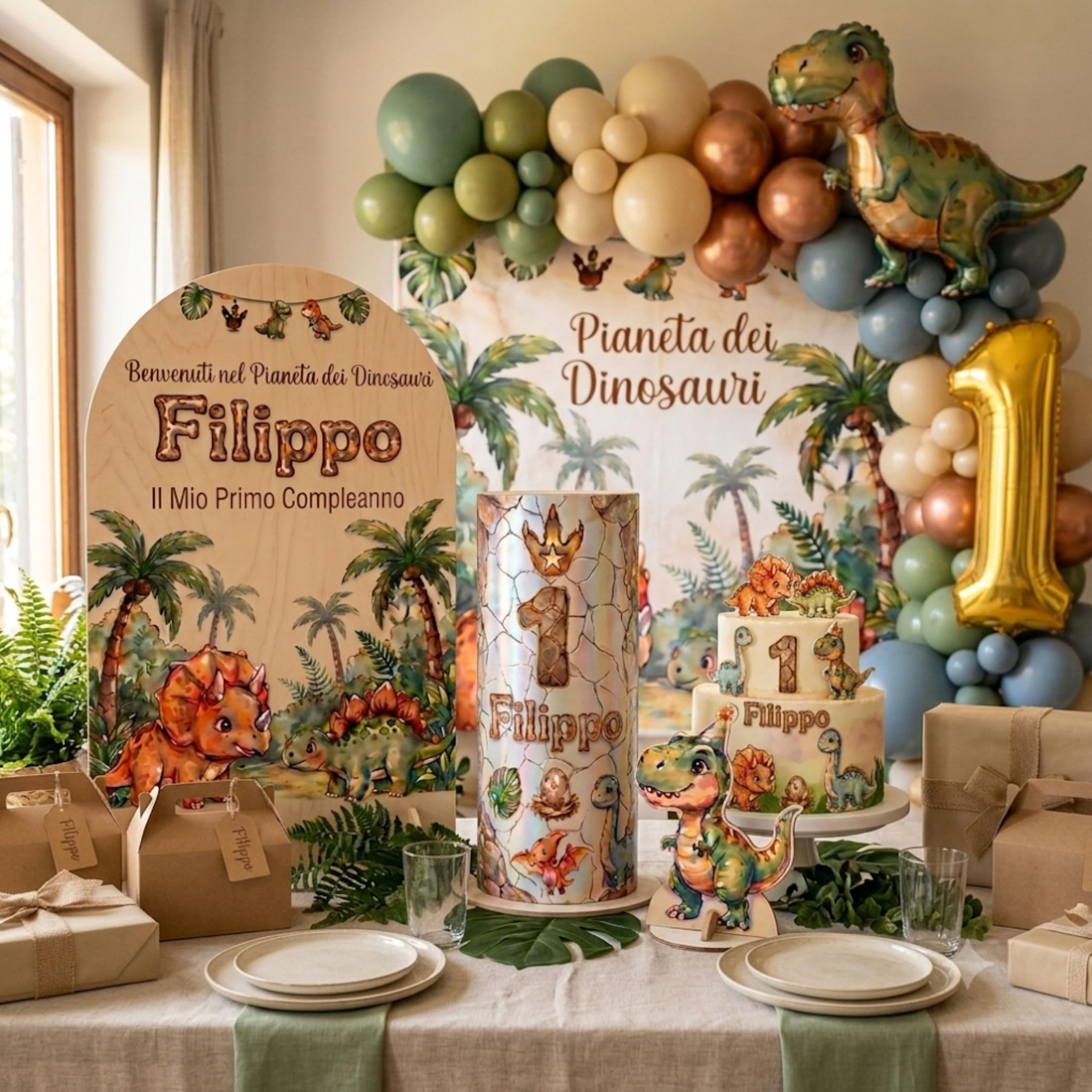 Espositore Dinosauri Compleanno Personalizzabile con Nome ed Età - Set 3 Pezzi - Pannello ad Arco, Torta Scenografica e Statuina - Addobbo Festa Bambini - 90x170cm | Con Nome e Età, Tema Castello, Per Bambine, Set Decorazioni Festa, Personaggi Fatati