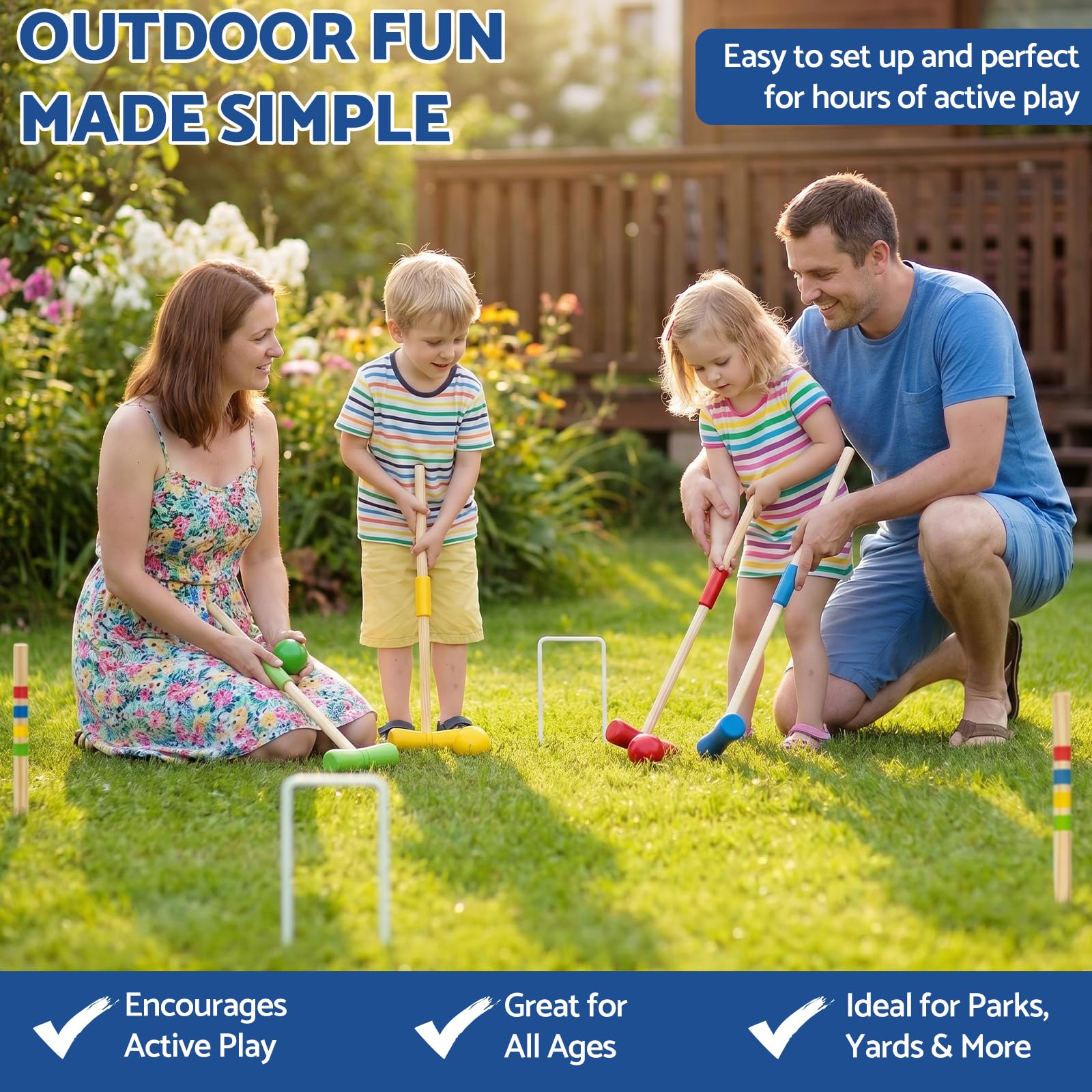 WOODENFUN Holz Krocket Set Spiel Crocket für 4 Spieler Kinder Erwachsene Außenbereich Krocketspiel Spielspaß für Jungen Mädchen ab 3 Jahren (Verschiedene)