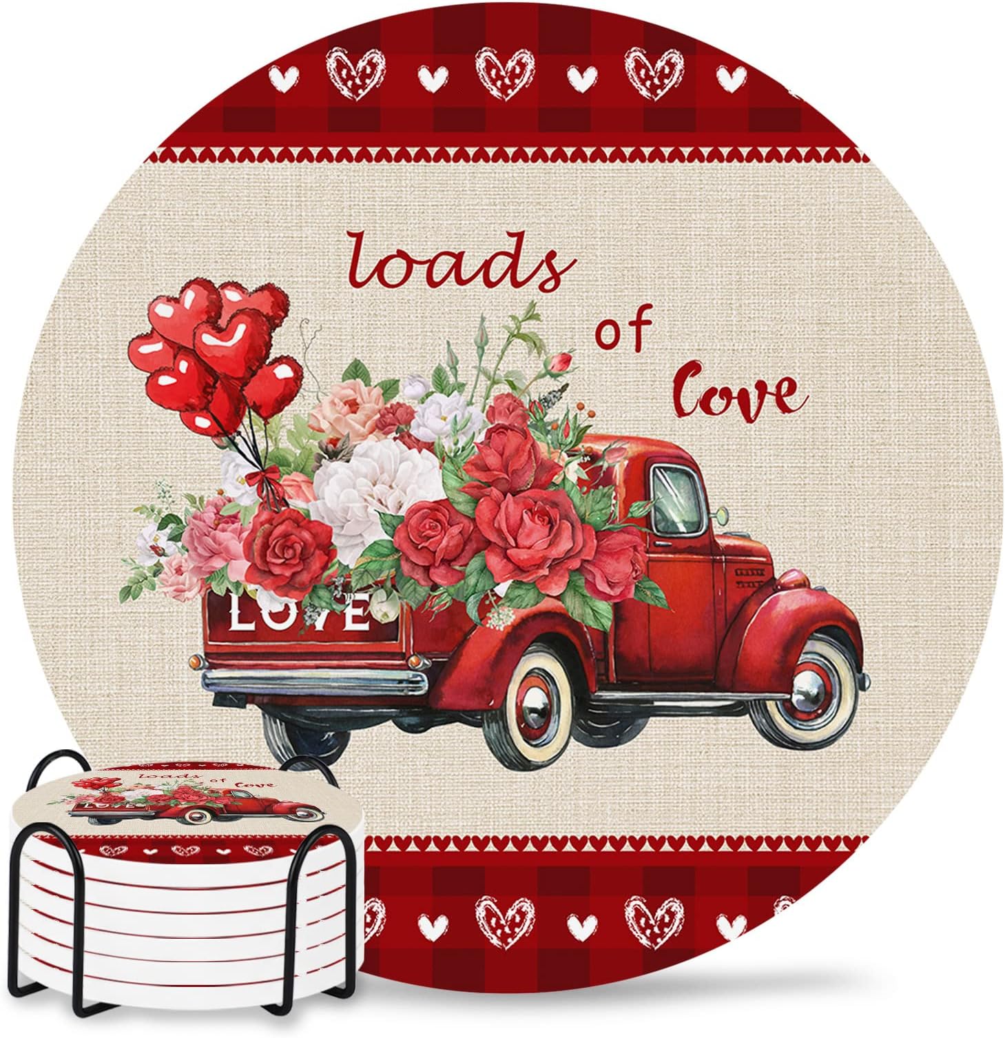 Loads of Love for Valentine's Day Mother's Day6 Piece with 1 Cup Holder Retro Truck and Rose Flower