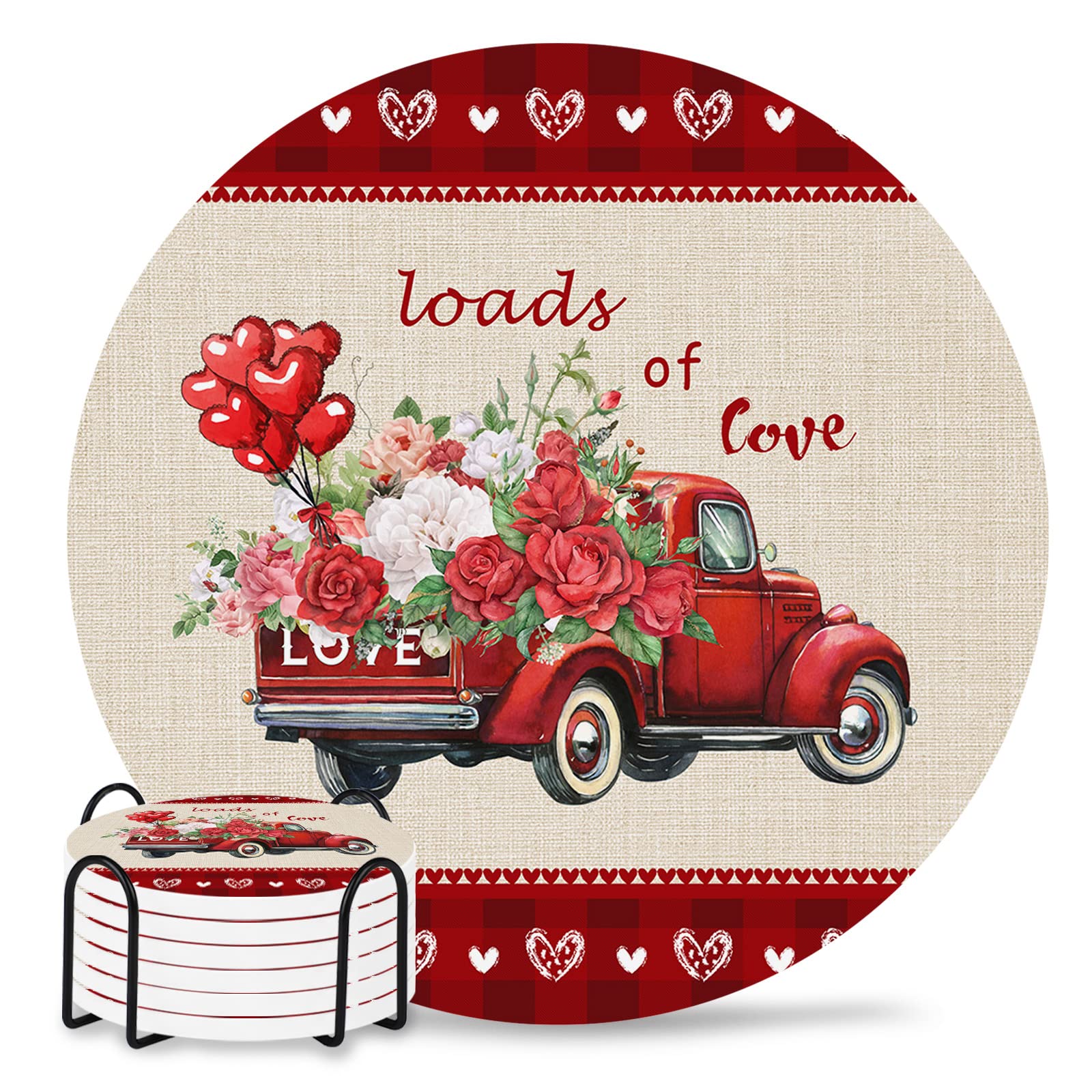 Loads of Love for Valentine's Day Mother's Day6 Piece with 1 Cup Holder Retro Truck and Rose Flower