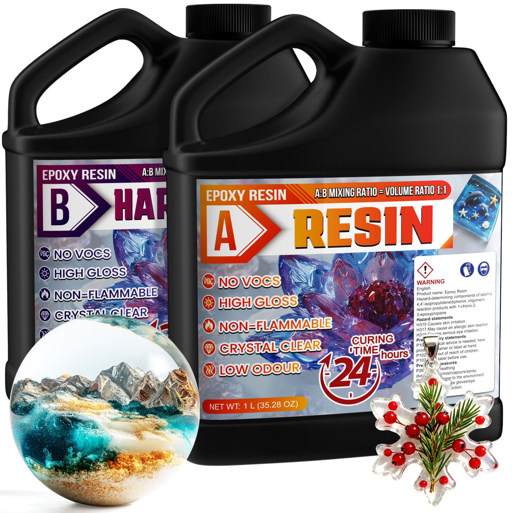 Epoxy Resin - 2L Crystal Clear Resin Kit for Jewellery Making, DIY Art &Craft, Coasters, Casting, Ornament, Mold, Low Odour, Non-Toxic, Self-Leveling Epoxy for Beginners