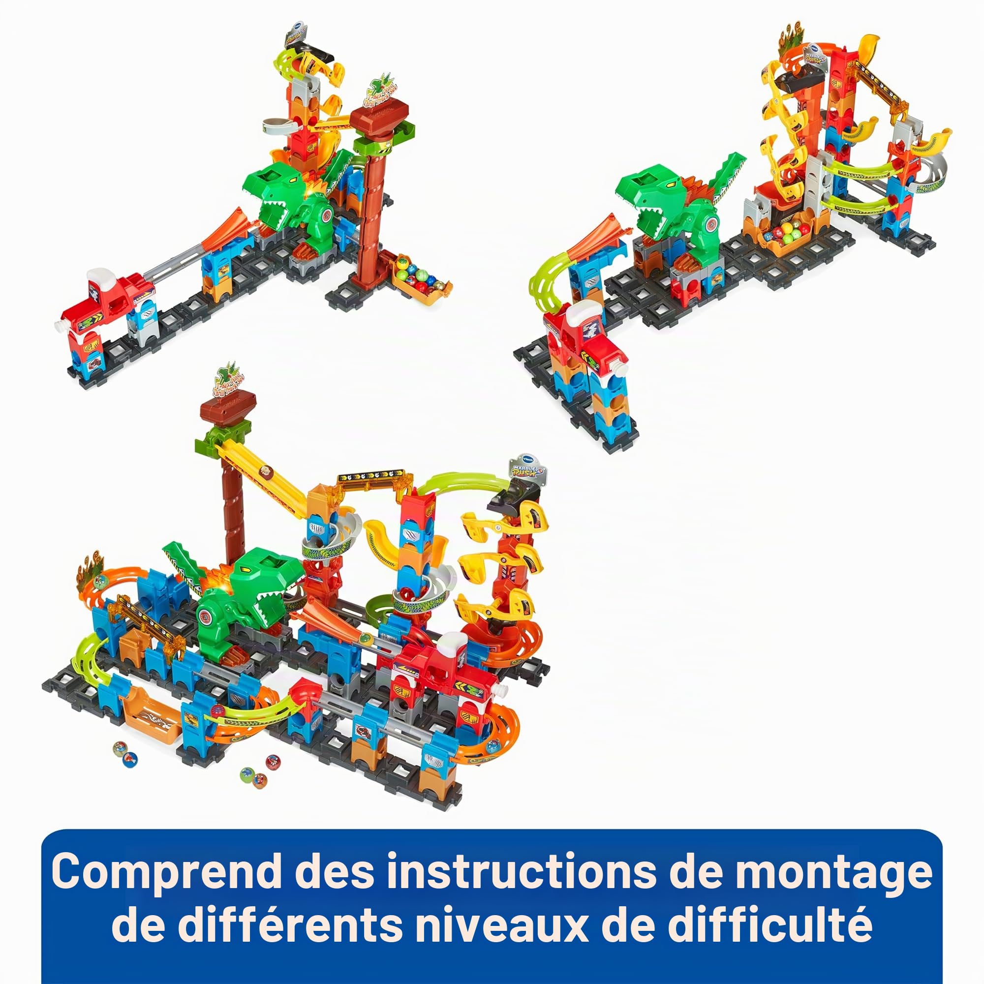 VTech Marble Rush Kit magnétique Dino Adventures XL400 E - Circuit à Billes interactif avec éléments passionnants et différentes possibilités de Montage - pour Enfants de 4 à 12 Ans