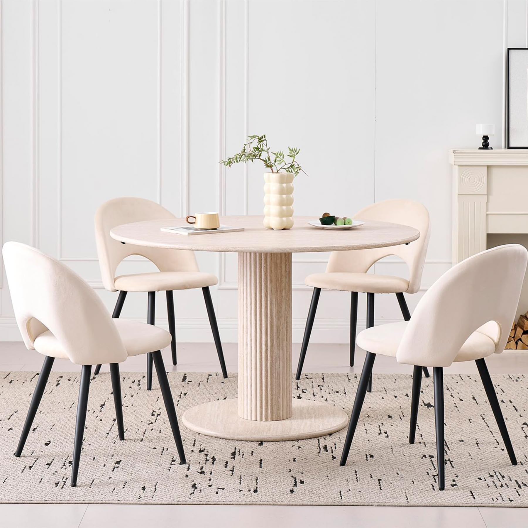 115cm Runder Esstisch mit 4 Esstischstühlen, Küchentisch aus MDF (Travertin-Maserung) und 4 Stühle für Küche, Esszimmer, Wohnzimmer und Büro (Beige)
