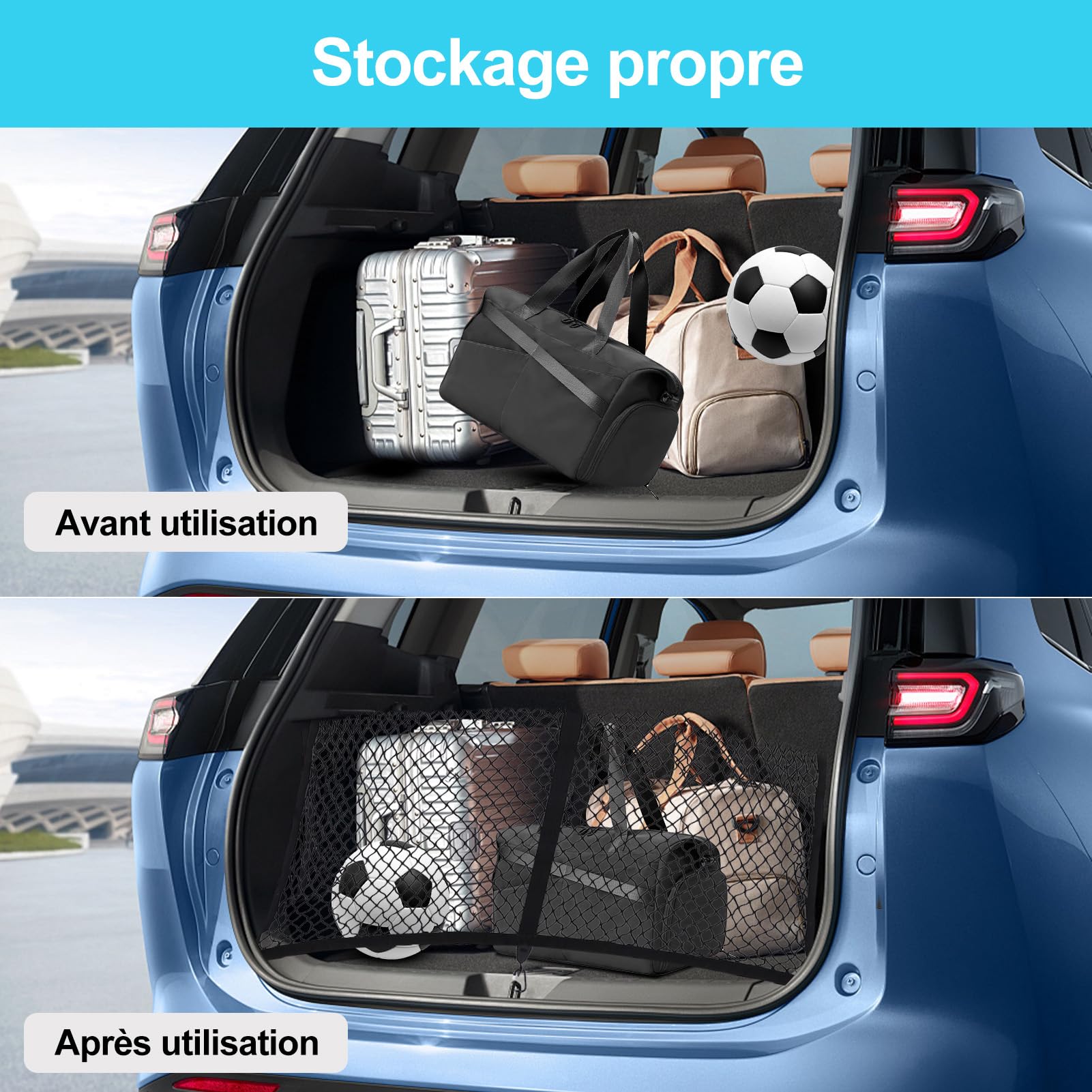 Filet à Bagages Hautement Élastique, 3.9 X 3.9ft Extensible Jusqu'à 6.9 X 6.9ft (Une Couche), Filet à Bagages avec 6 Mousquetons en Acier +Sac de Rangement pour Camionnette SUV, Camions et Caravanes